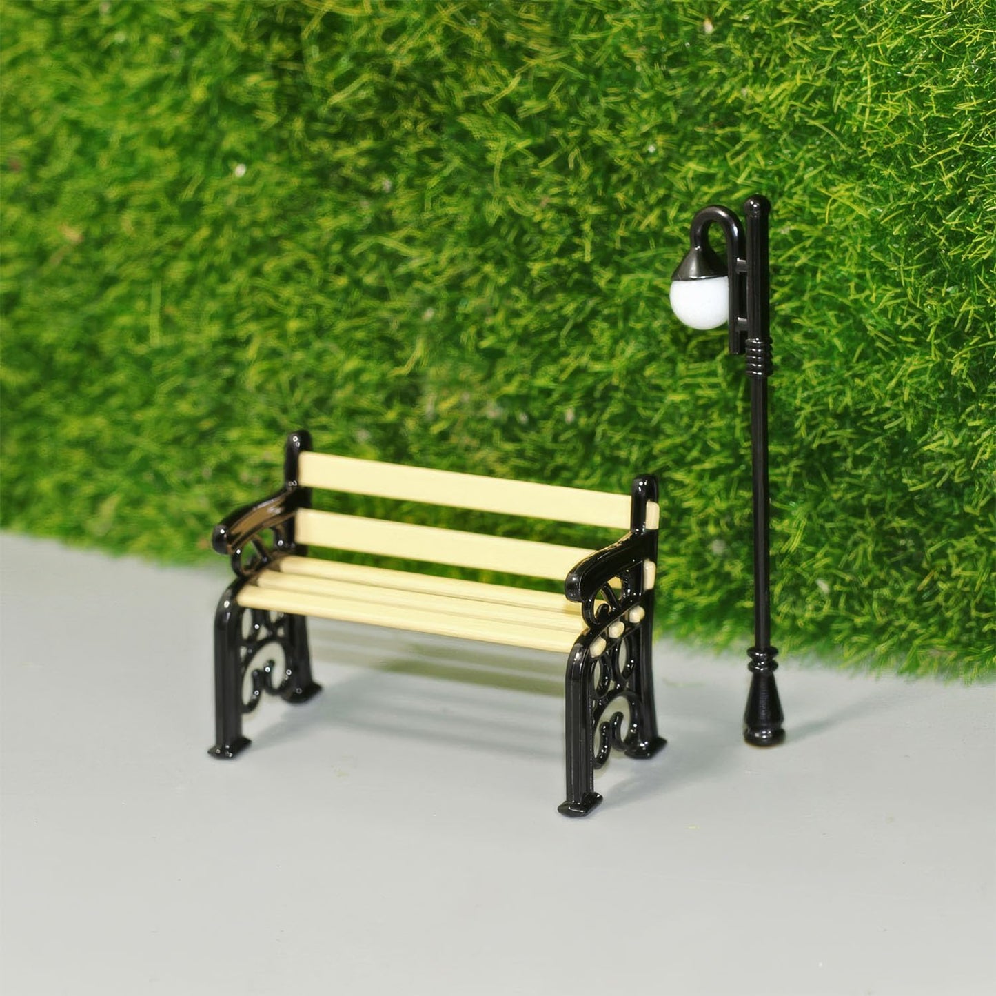 Miniature Lamppost & Bench Set (1:24 Scale): Metal & Wood Outdoor Scene Accessories for Dollhouse Garden, Park Decor, Adult Collector
