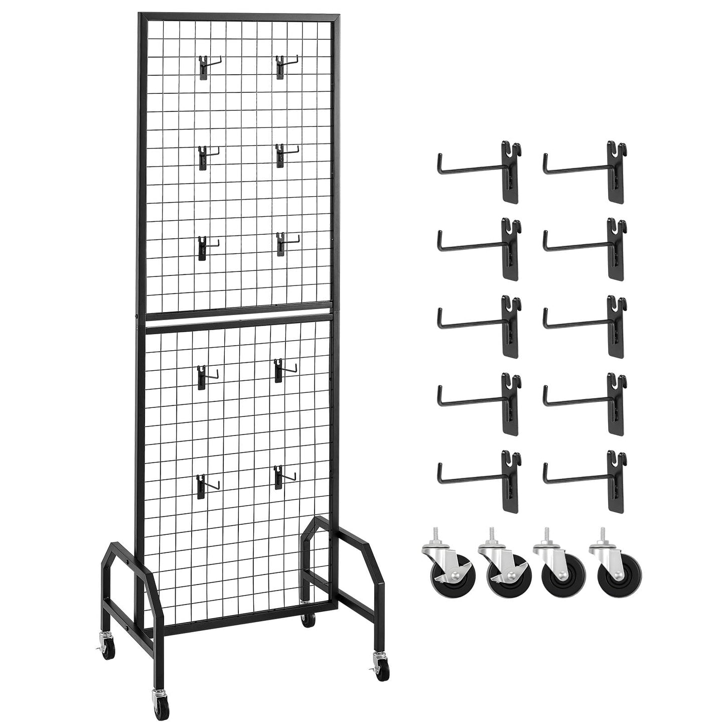 VEVOR Grid Wall Panel, 1.9 x 5.4 ft Wire Grid Panels Display Rack, Movable Art Display Shelf with Wheels and 10 Hooks, Black Carbon Steel Gridwall for Craft Show, Decoration, Storage, Notice Board