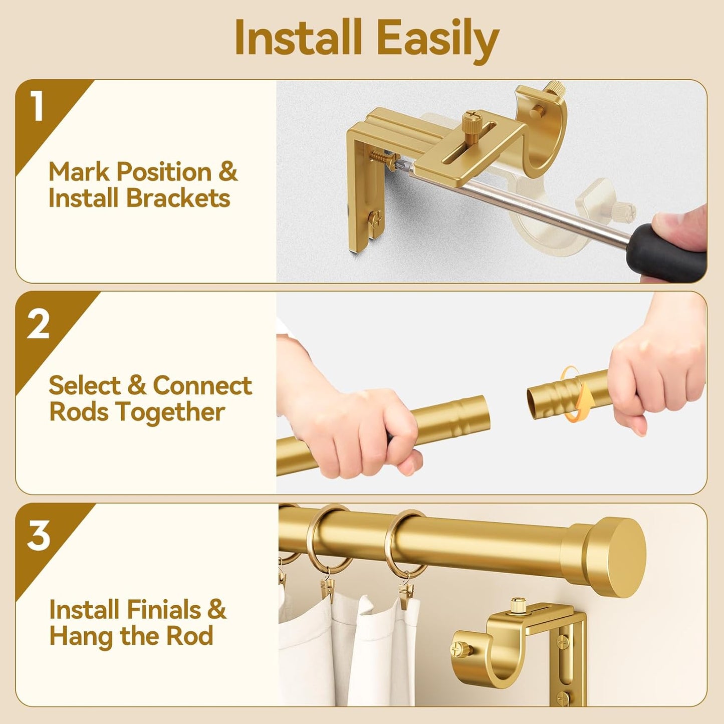 YaFex Adjustable Curtain Rods - Heavy Duty 1 Inch, 32-58 Inch, Modern Gold Design, Easy Installation
