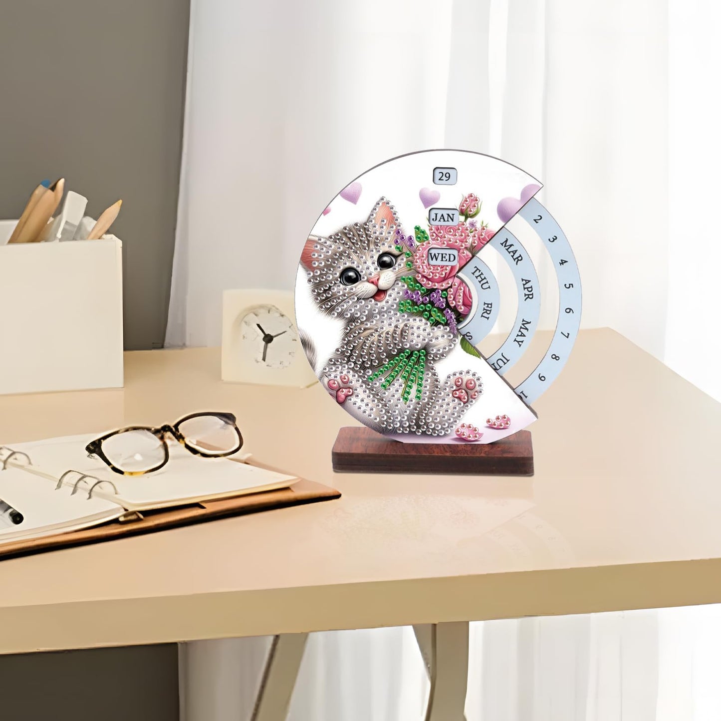 AiYuanzsh 3D Diamond Art Tabletop Perpetual Calendar Kit, DIY Wooden Desktop Ornament with Cute Cat Design, Sparkling Diamond Painting Desk Decoration Gift for Home & Office