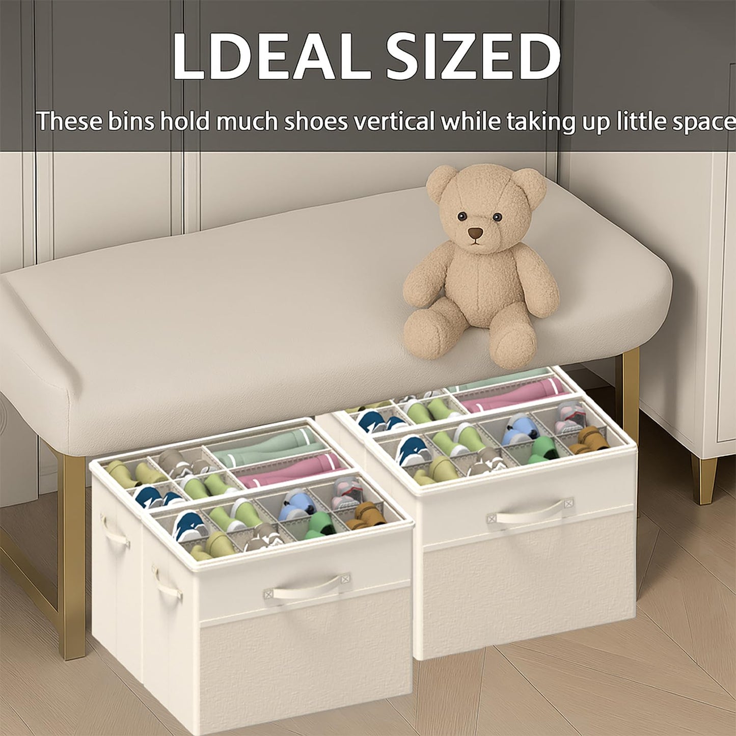 BFLBFL 2 Pack Shoe Organizer for Closet, Clear Foldable Shoe Storage Containers Fits 14 Pairs,Shoe Storage Bins Baskets Boxes with Reinforced Handles Beige Shoes Organize