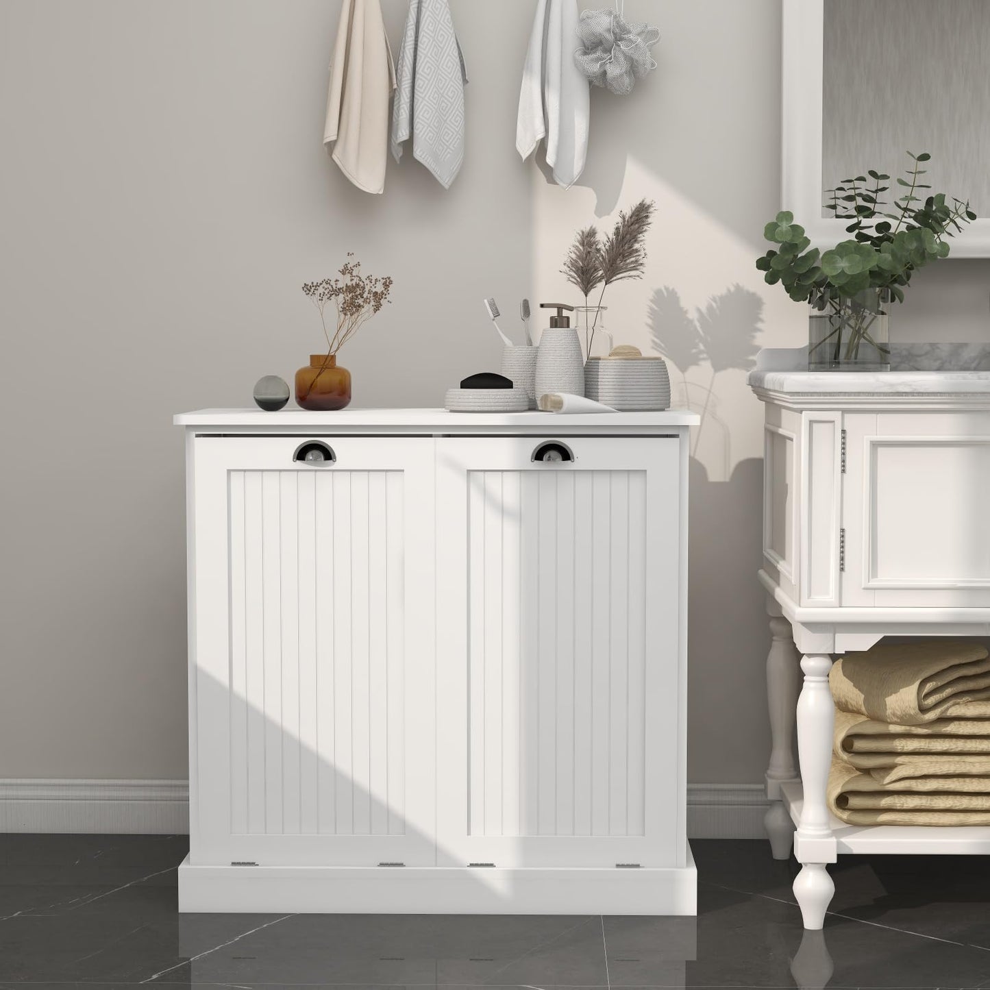 KCSWKJ Two-Compartment Tilt-Out Laundry Sorter Cabinet-White