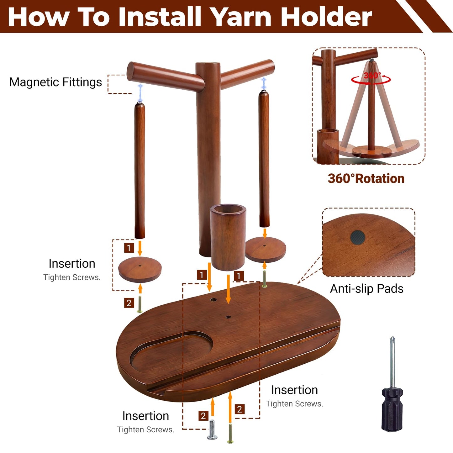 Lemosyu Wooden Yarn Holder for Crocheting and Knitting, Magnetic Rotating Yarn Spinner with 2 Spindles, Crochet Accessories Storage & Phone Stand, Perfect Gift for Knitters, Women, Mom, Grandma