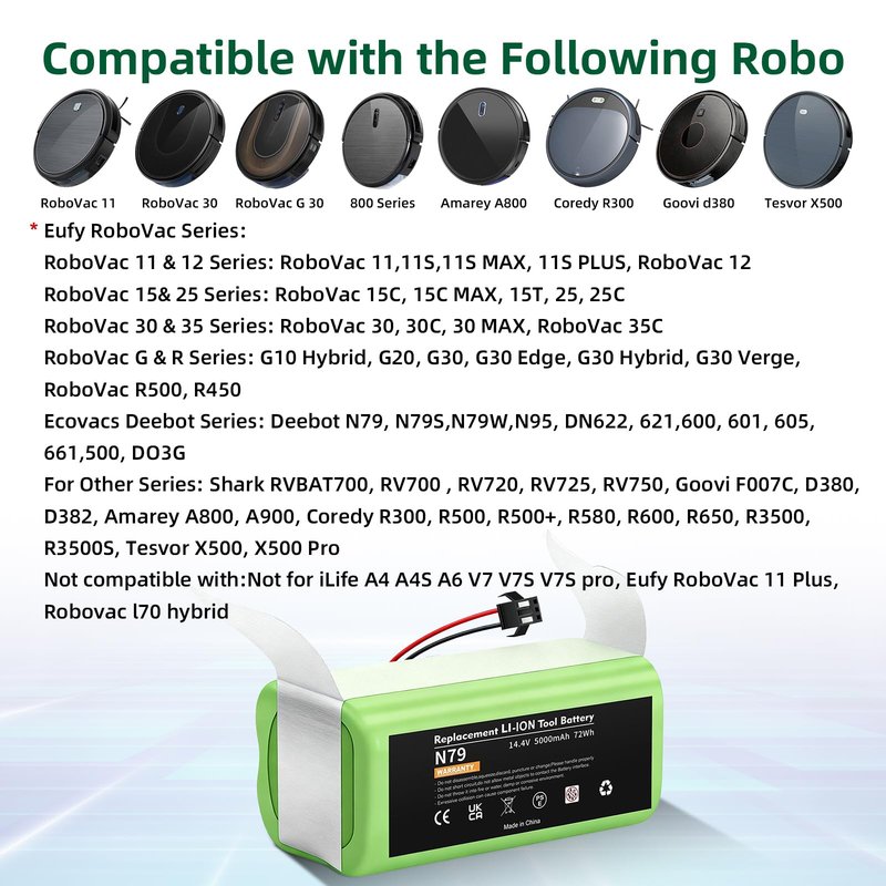 Upgraded 14.4V 5000mAh Battery Replacement for Ecovacs Deebot N79S N79 DN622 & Eufy RoboVac 11 11S 11S MAX 11C 12 15C 15T 15MAX 25C 30C 30 35C G30, Shark, Amarey, Coredy Robot Vacuum Battery