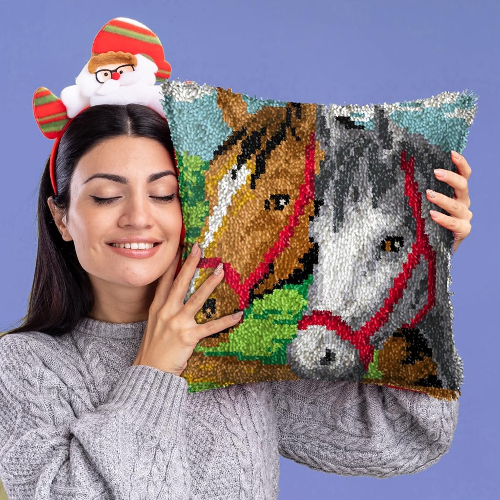 DL-YTG Latch Hook Kits Pillow Horse Crochet Yarn Cushion Colour Pre-Printed Canvas Rug Needlework DIY Pillowcase Hook and Latch Kit Christmas Home Arts Crafts Sofa Decoration 42x42cm/17 X17