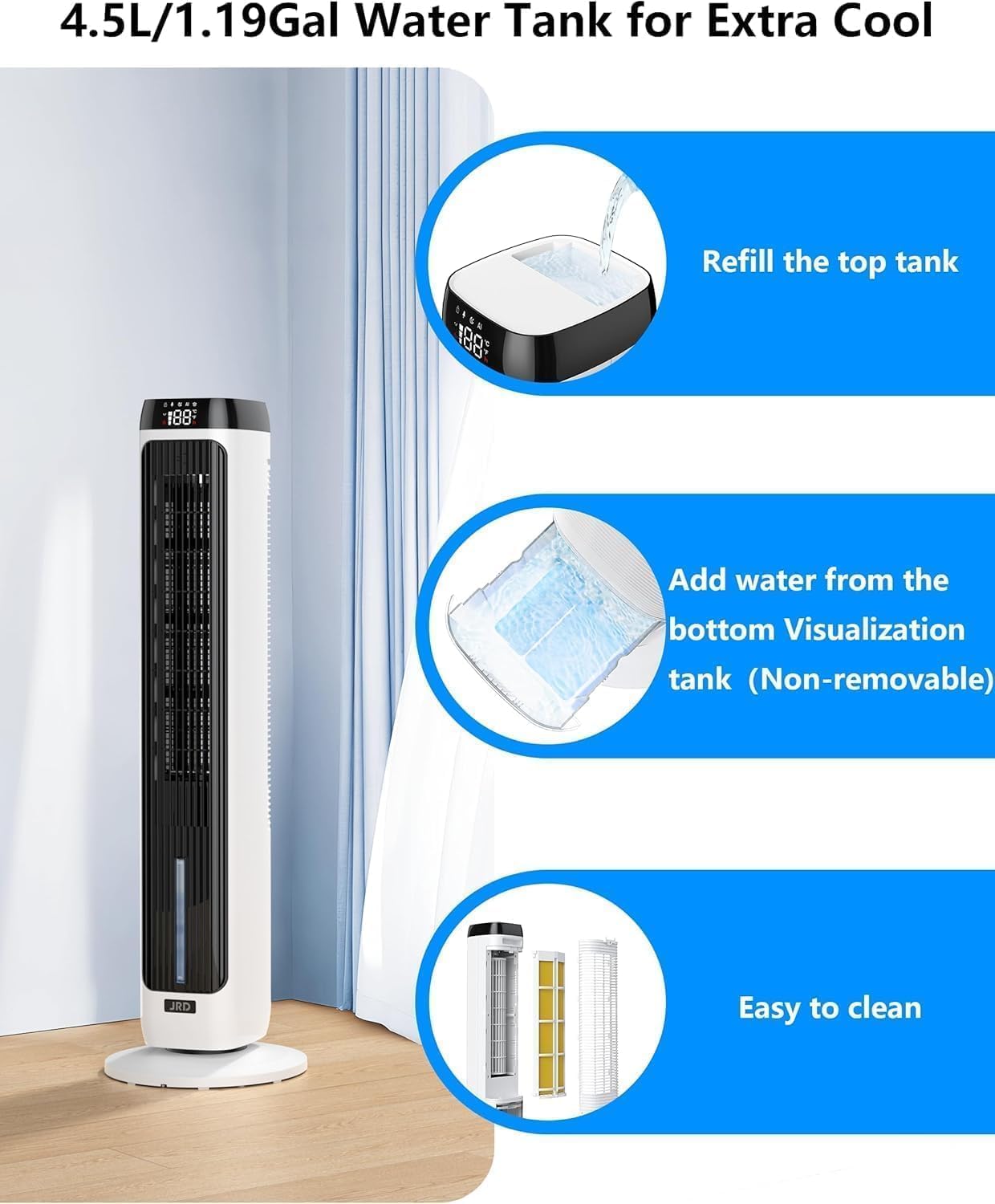 JRD 41" Evaporative Cooler with 3 Speeds, 5 Modes, Remote, 80° Oscillation Swamp Cooler with 12H Timer, Bladeless Tower Fan Cooling Fan for Bedroom Office Home