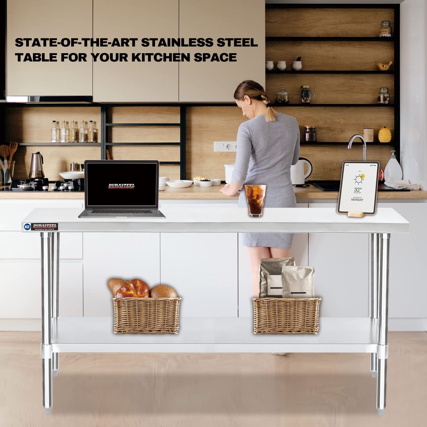 DuraSteel 30x72 Stainless Steel Prep Table - NSF Commercial Kitchen Metal Worktable - Large Laboratory Benches with Under Shelf - For Laundry Room, Kitchen, Garage, Restaurant