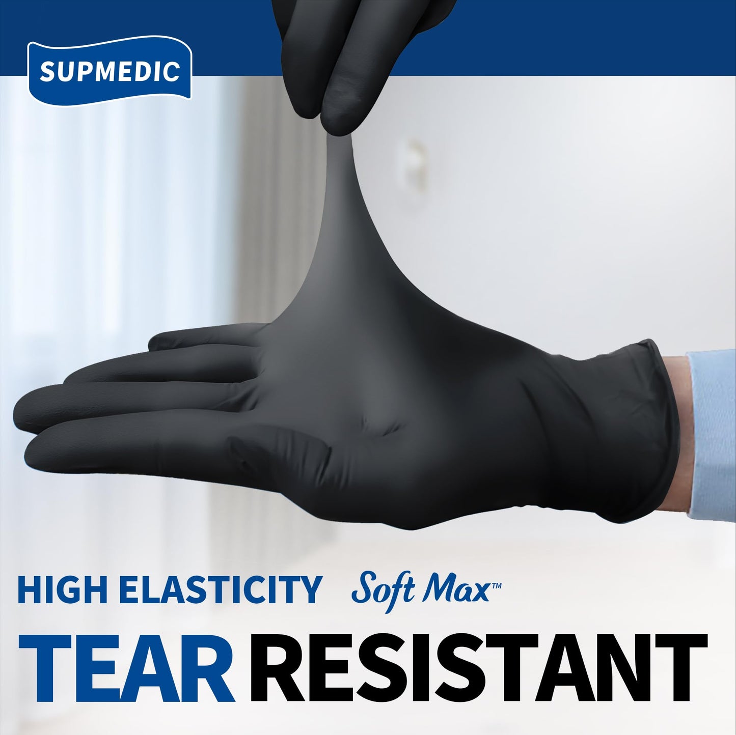 Supmedic Disposable Nitrile Gloves, Chemical Resistant, Powder-Free, Latex-Free, Food Safe, Medical Exam Gloves, Black, Large, 100 Pcs