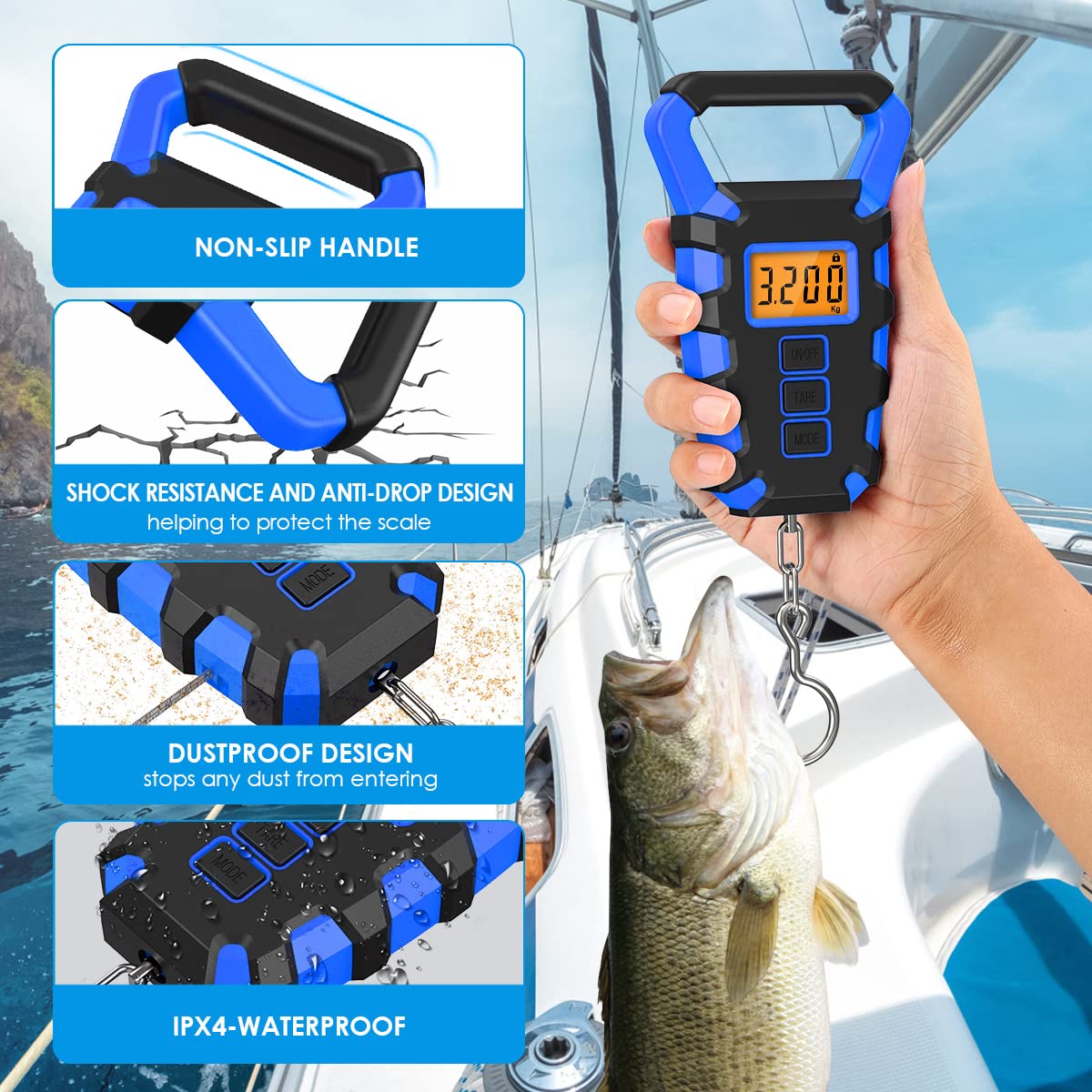 AMIR Luggage Scale with Hook, 110Lb/50kg Digital Fishing Scale, Portable Electric Hanging Scale Non-Slip Big Handle, 3 Modes-LB/OZ/KG, Backlit LCD Display