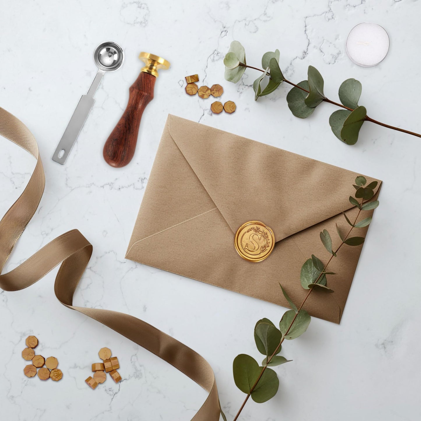 Yoption Letter Wax Seal Kit, Vintage Initial Alphabet S with Wreath Sealing Stamp and 120 Antique Gold Wax Seal Beads