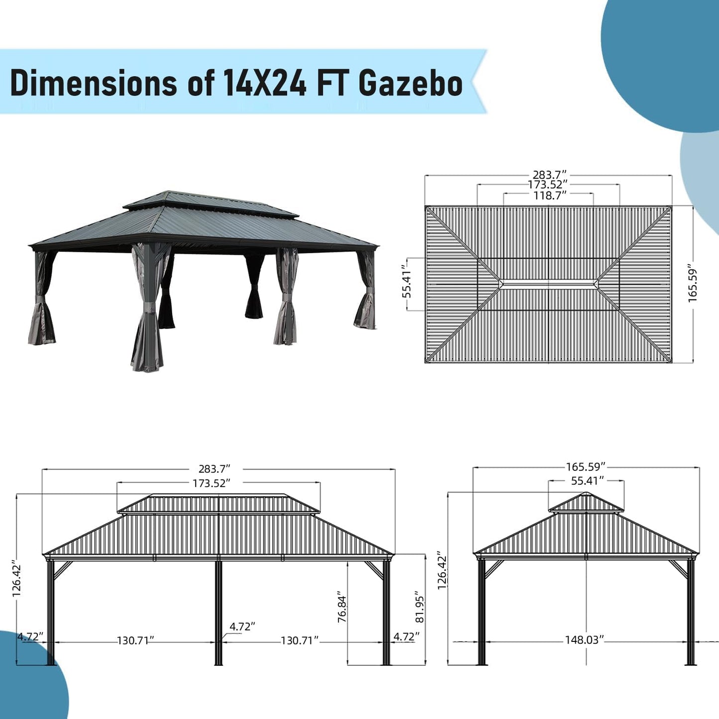 GOWE 14x24FT Hardtop Gazebo, Outdoor Gazebo with Galvanized Steel Double Roof, Aluminum Frame, Built-in Gutter System, Curtain and Netting, Metal Gazebo Pavilion for Patio Deck Garden, Grey