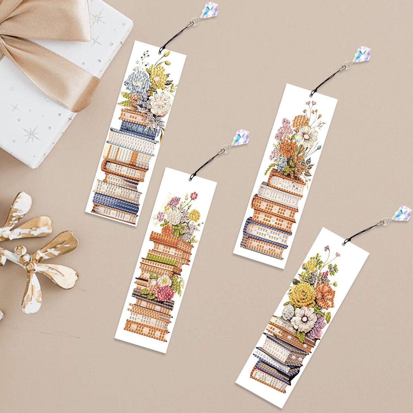 Focart 4 Pack Book and Flower Diamond Painting Bookmark Kits, Special Shaped Diamond Art Bookmarks with Pendant, DIY Handmade Crafts Home Office Supplies Reading Bookmark for Book Lovers