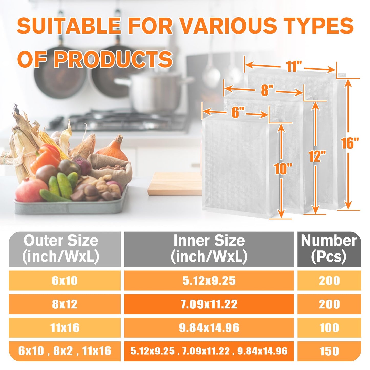 FUNFERY Precut Vacuum Sealer Bags for Food, 200 Quart 8" x 12", Food Long-Term Storage and Sous Vide Commercial-Grade Bag, BPA Free for Microwave, Boiling,Sous Vide, Refrigerator