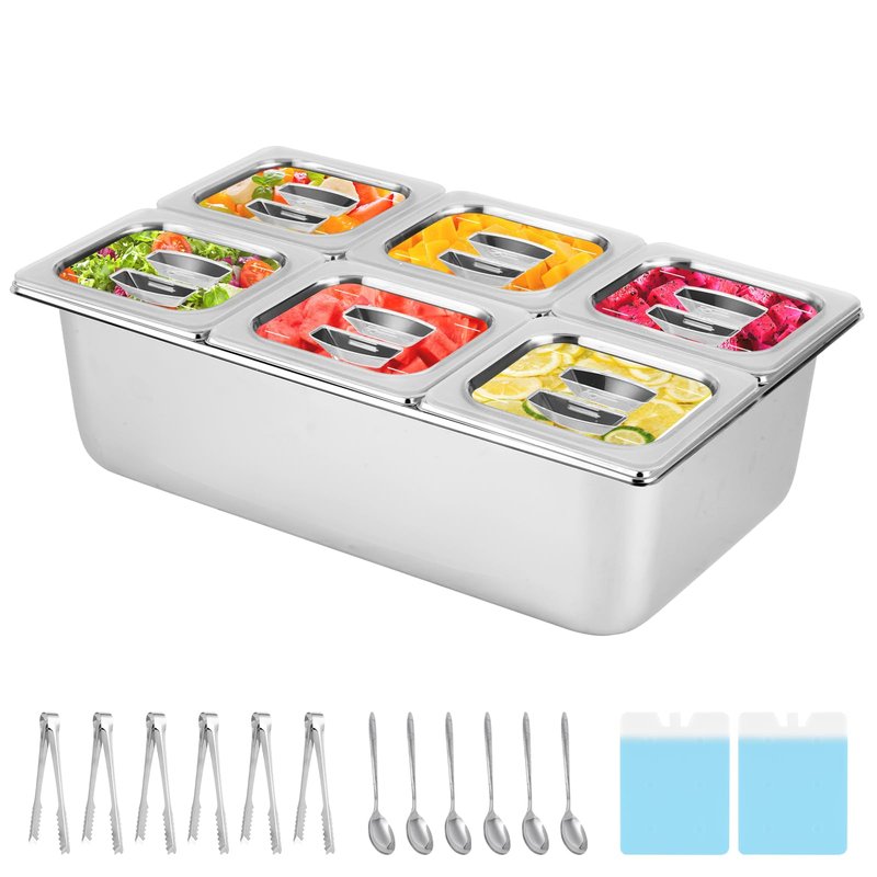 YMJOINMX Cold Ice Food Serving Display tray 6 Pan ×2QT with Ice Packs Clear Lids for Salad Pizza Sauce Cooled Condiment Container Buffet Server Cooler for Party Home