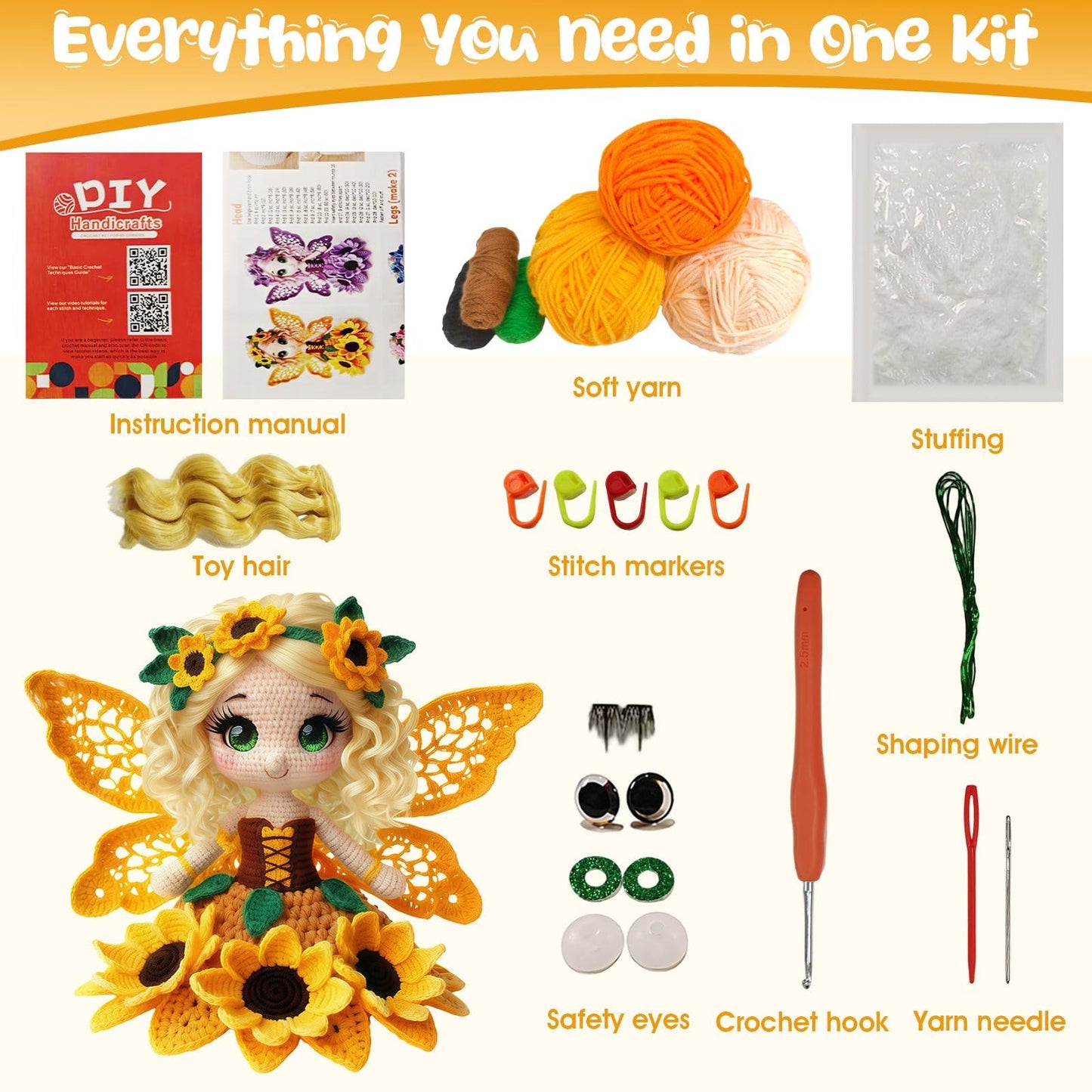 Morcolplus Sunflower Crochet Kit for Beginners & Adults, Amigurumi Crochet Flower Starter Kit with Video Tutorials, DIY Yarn Craft Kit, Handmade Sunflower Doll Gift for Women & Home Decor