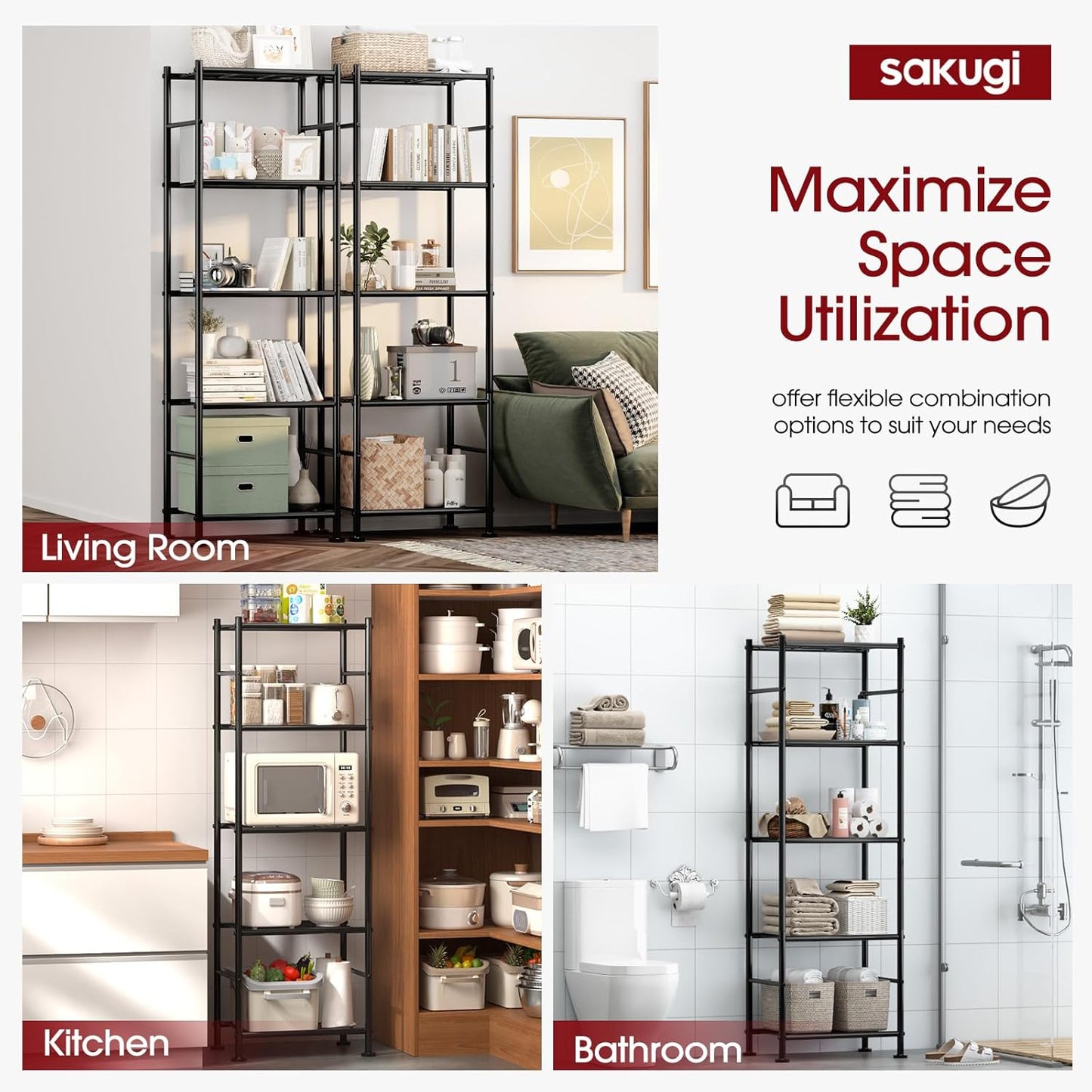 Sakugi 5-Tier Storage Shelves - Heavy Duty Metal Organizer for Garage, Pantry & Closet | 18.4" W x 12.6" D x 57.4" H, Black