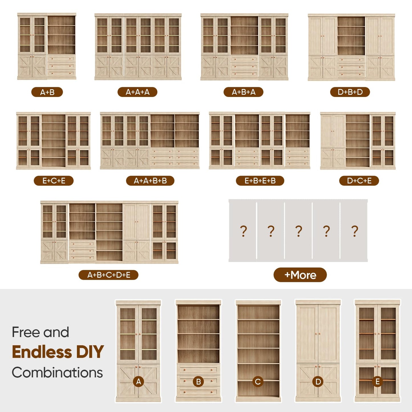Vyre 70.8" Tall Brown Bookshelf with Glass Doors, Farmhouse Modular Bookcase with 6-Tier Adjustable Shelves, Large Storage Cabinet for Living Room and Home Office