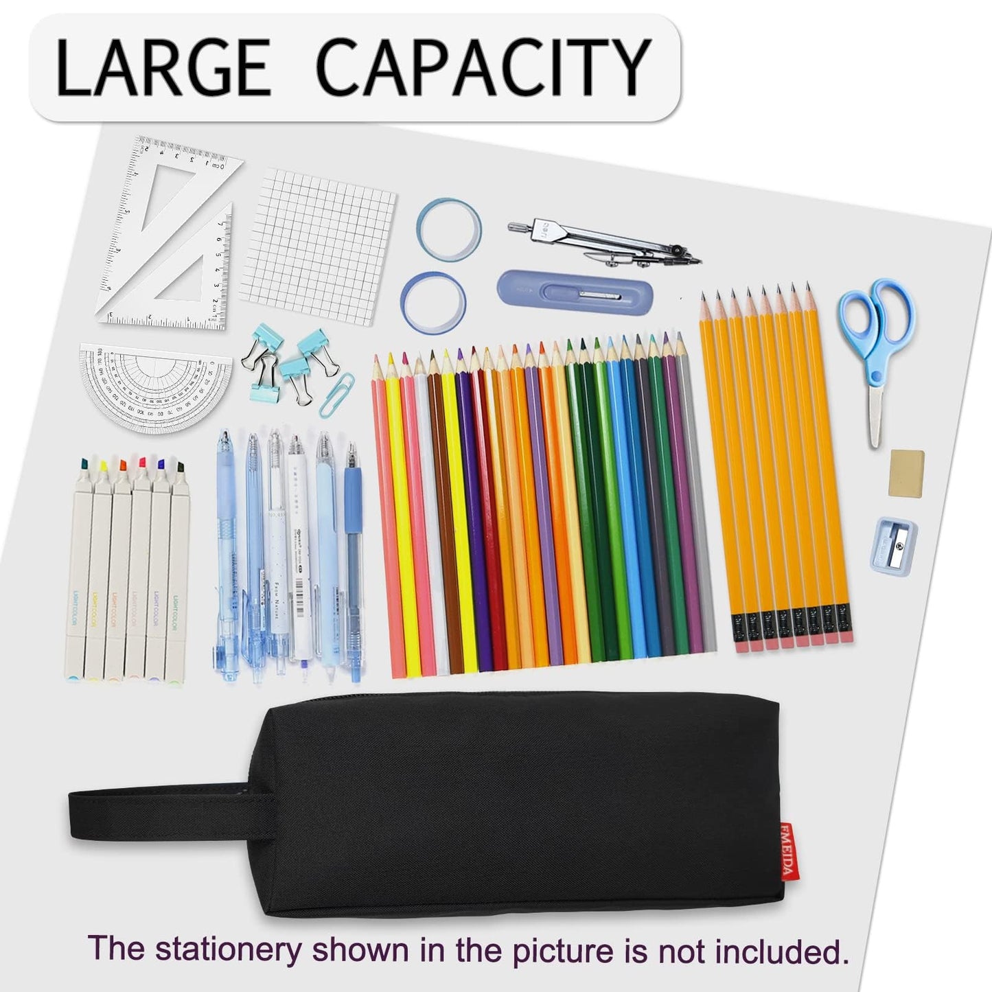 Fmeida Pencil Case Pouch - Water Resistant Pencil Pouch Portable Pencil Bag Simple Office Stationery Pouch with Handle Back to School Supplies - Black