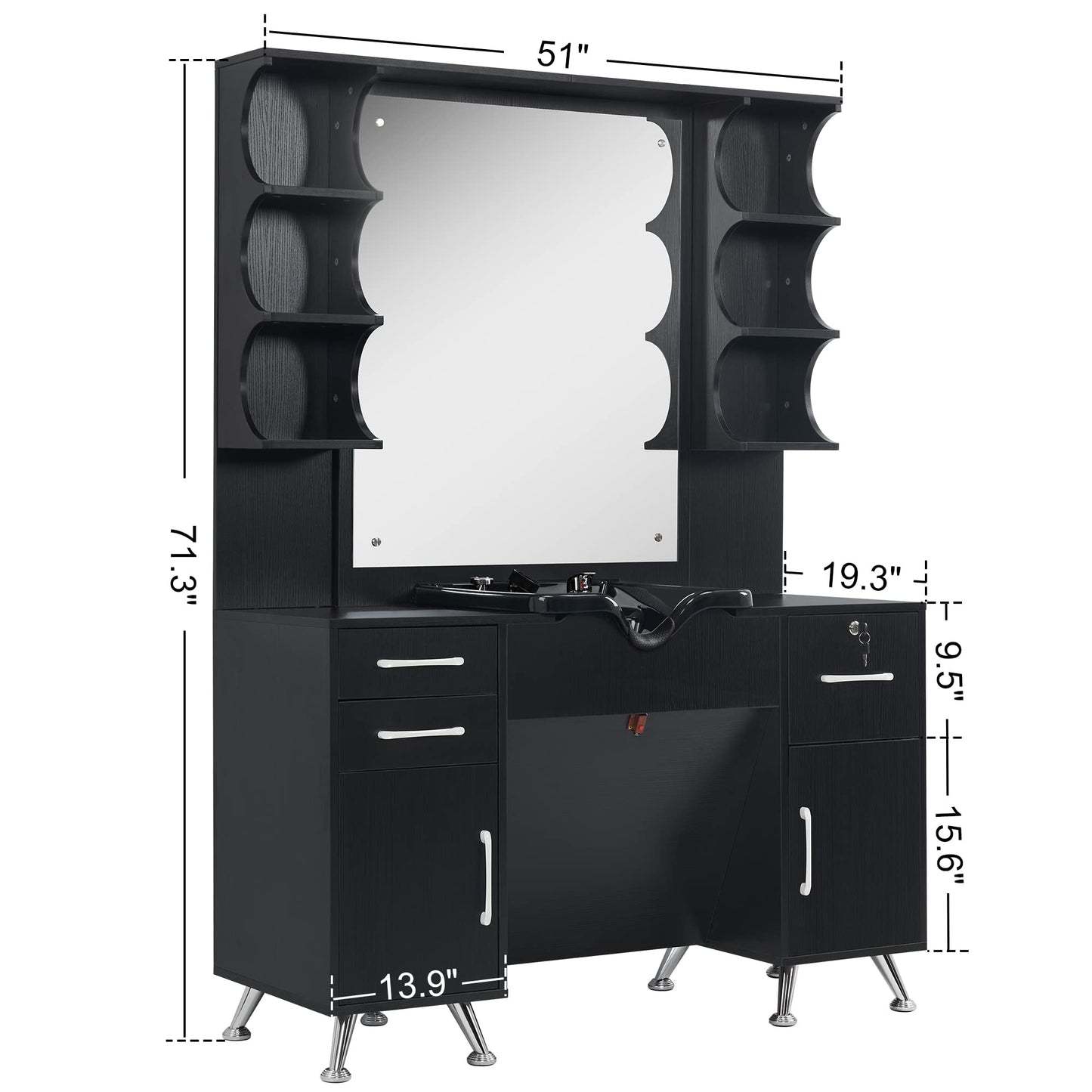 BarberPub Backwash Shampoo Bowl Cabinet, Wall Mount Station with Mirror, Storage Cabinet with Drawers & Shelf Salon Equipment 3141 (Black)