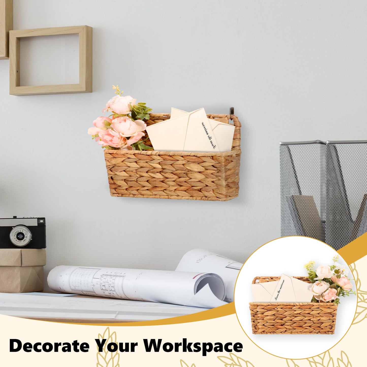 2 Pcs Woven Mail Holder Wall Mount Basket Rattan Wall Letter Holder Wicker Hanging Magazine Rack Water Hyacinth Magazine Basket 9.25x1.57 Inch Hanging Storage Basket with Hooks for Envelope Office