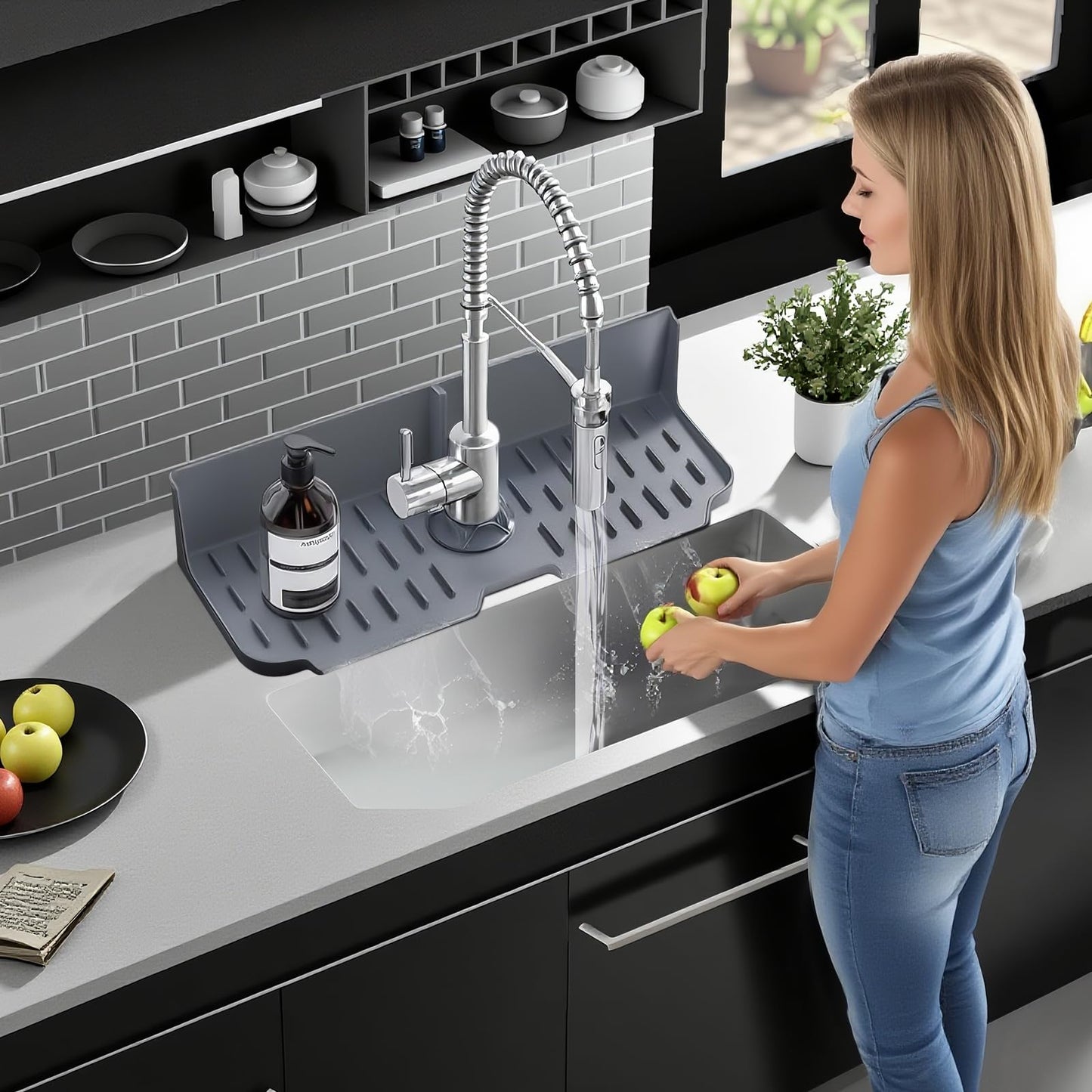 DAECHAO Sink Splash Guard Behind Faucet, Silicone Sink Faucet Drying Mat & Dish Soap Sponge Holder, 17" x 5.5" Silicone Kitchen Sink Auto Drain Organizer (Grey)