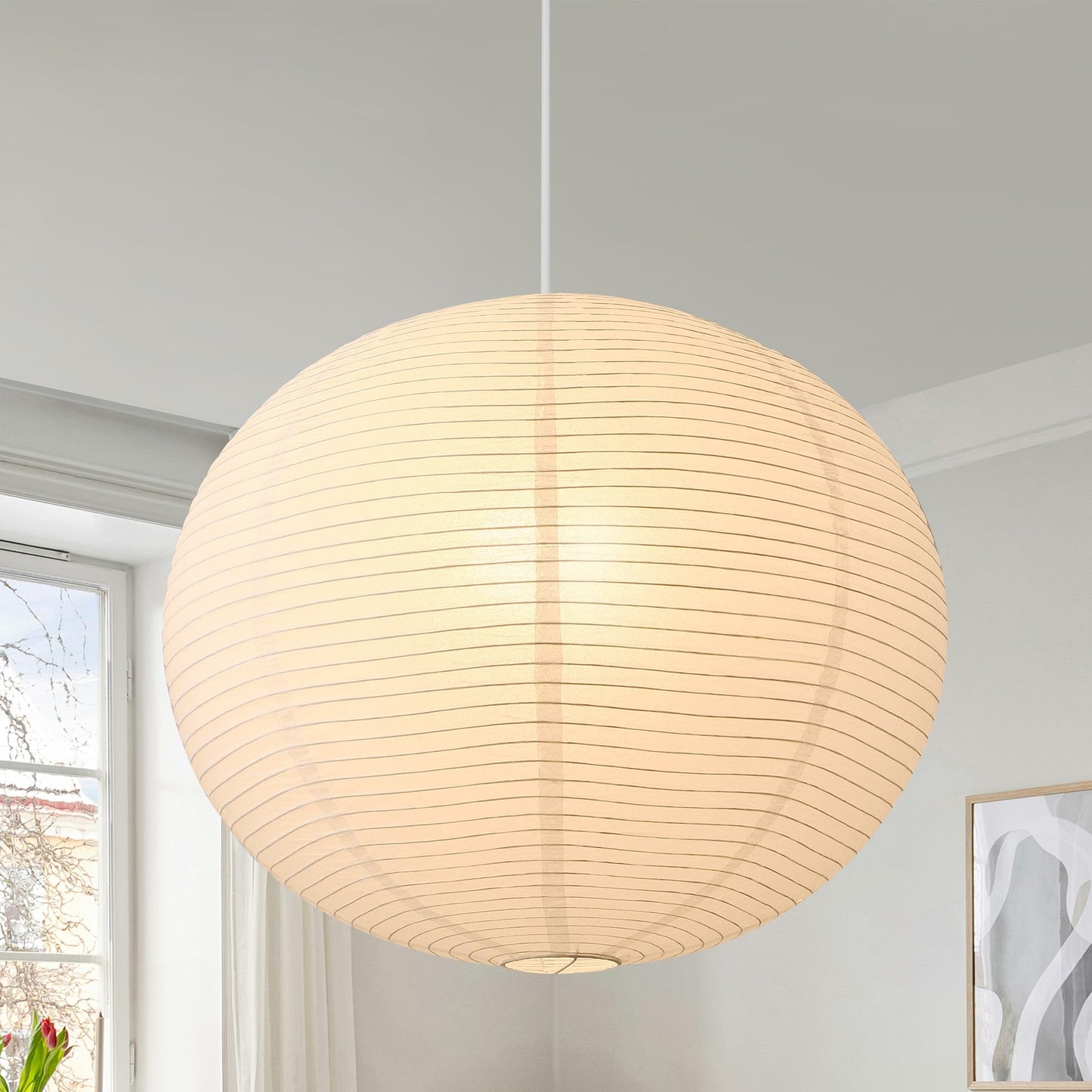 Fivemengo Large Rice Paper Pendant Light Kit, 20in White Globe Paper Lantern Lights, E26 Base, Japanese Hanging Lantern Lamp Japandi Chandelier for Dining Room Bedroom Office Living Room