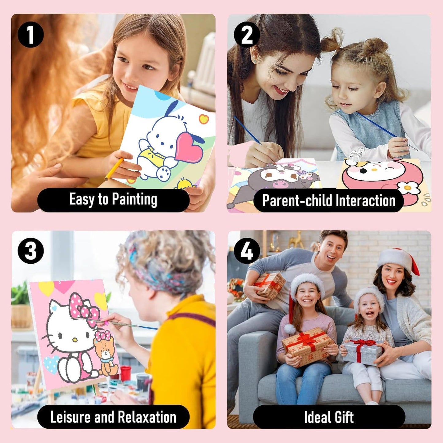 nekpiahu 6 Pack Cartoon Paint by Numbers for Kids with Framed Canvas-Cartoon Paint by Numbers for Kids Ages 4-8-12, Kid Paint by Number Crafts Kits for Home Wall Decor GIF 8X8incht(with Wooden Easel)