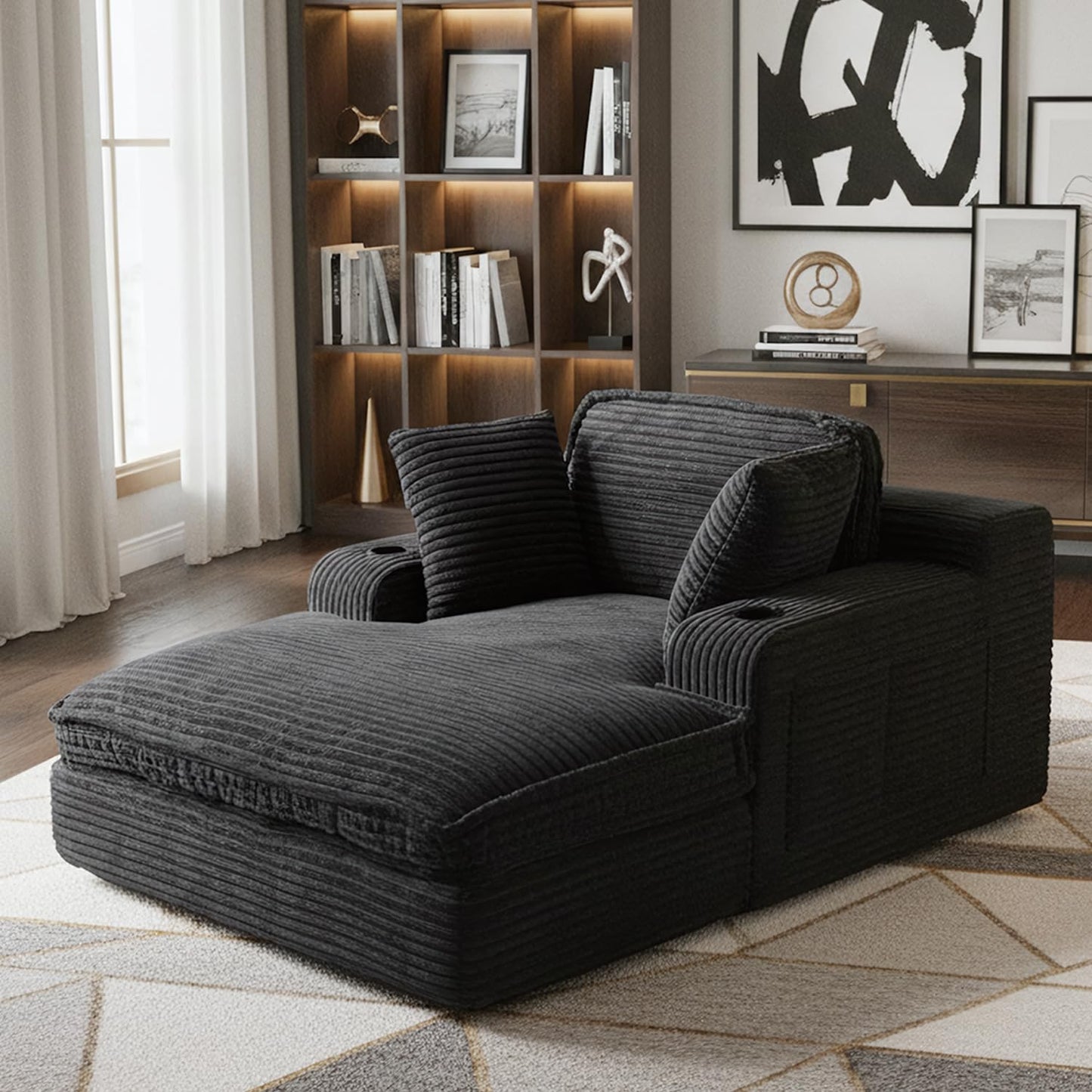 67" Oversized Chaise Lounge Chair Indoor, Soft Boneless Cloud Couch with 3 Pillows, 4 Side Pockets and 2 Cup Holders, Comfy Corduroy Sleeper Couch for Living Room Bedroom