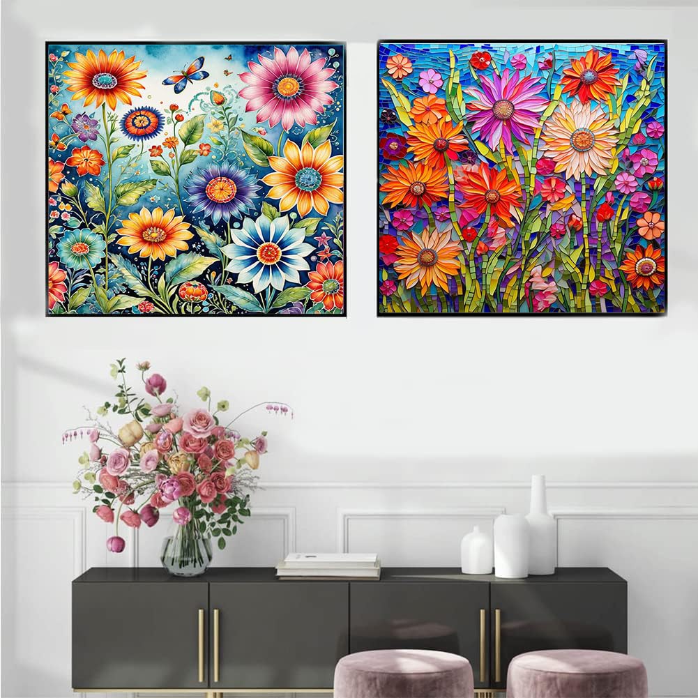 OFRKE 2-Piece Flowers Diamond Painting Kits for Adults, Round Full Drill 5D DIY Diamond Art Kits for Home Wall Decor 12"x16"