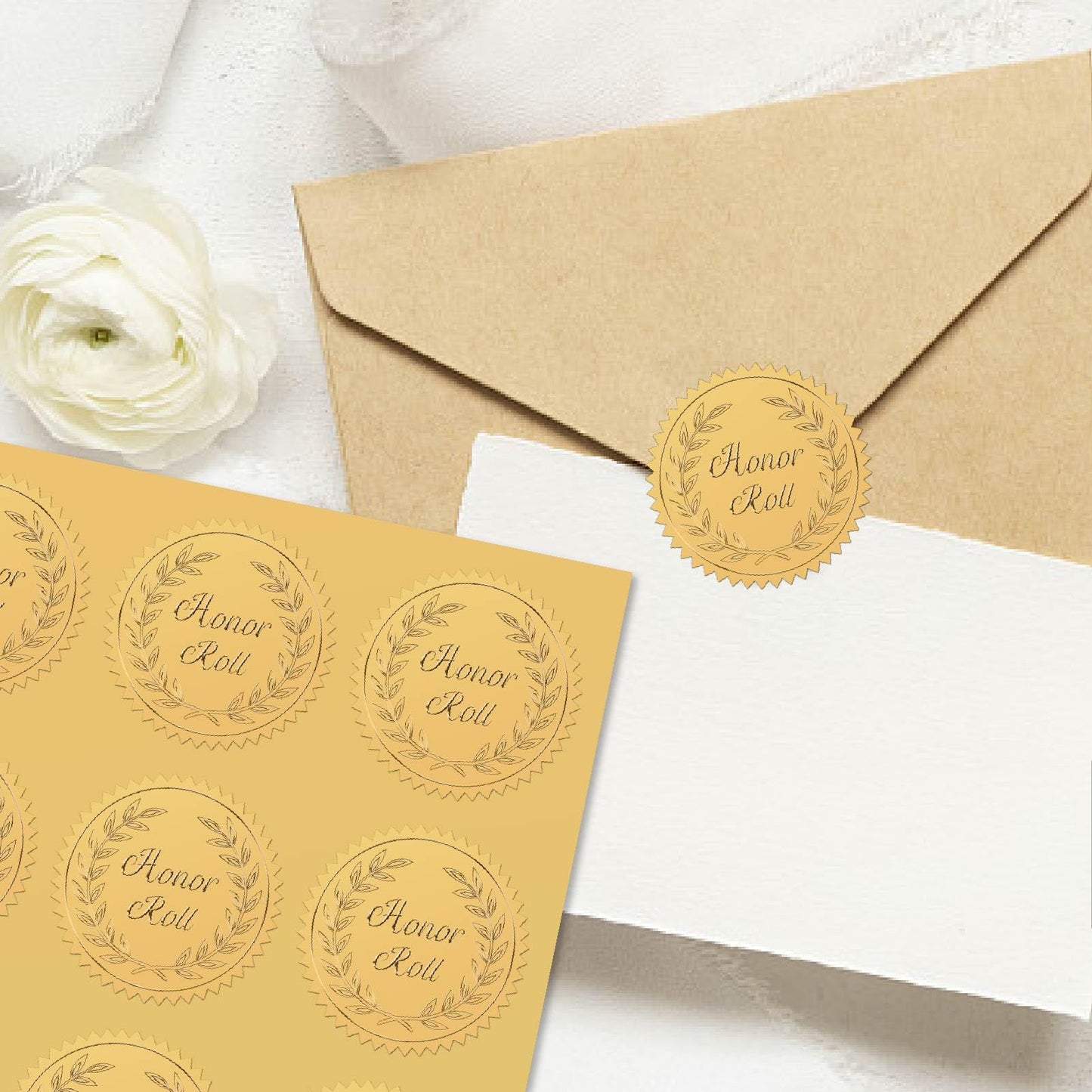 CRASPIRE 408pcs 2 Inch Honor Roll Gold Foil Stickers Word Gold Embossed Gold Certificate Seals Self Adhesive Waterproof Round Dot Medal Decoration Label for Gift Packaging Envelope Card Seal