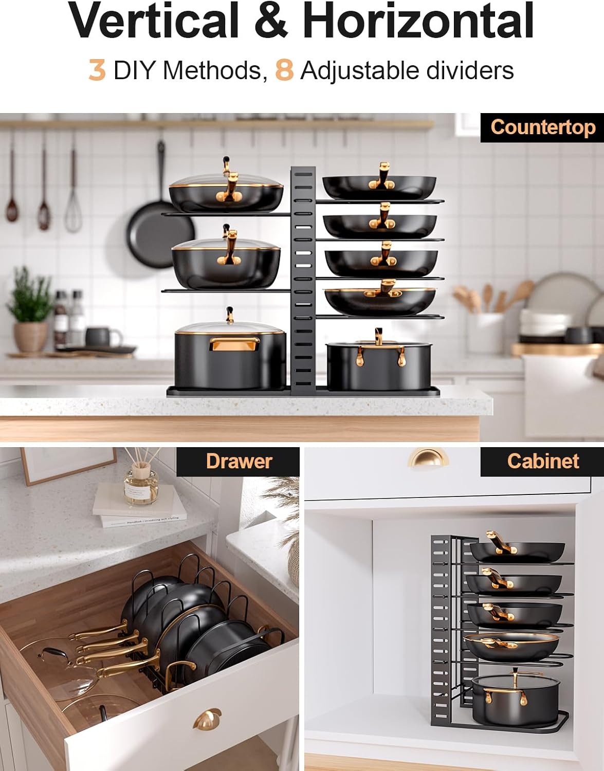 MUDEELA Pots and Pans Organizer Rack under Cabinet 14.55in Height, 8-Tier Kitchen Cabinet Organizers and Storage, Light-Duty Adjustable Pot Racks, Pan Organizers inside Cabinet with 3 DIY Methods