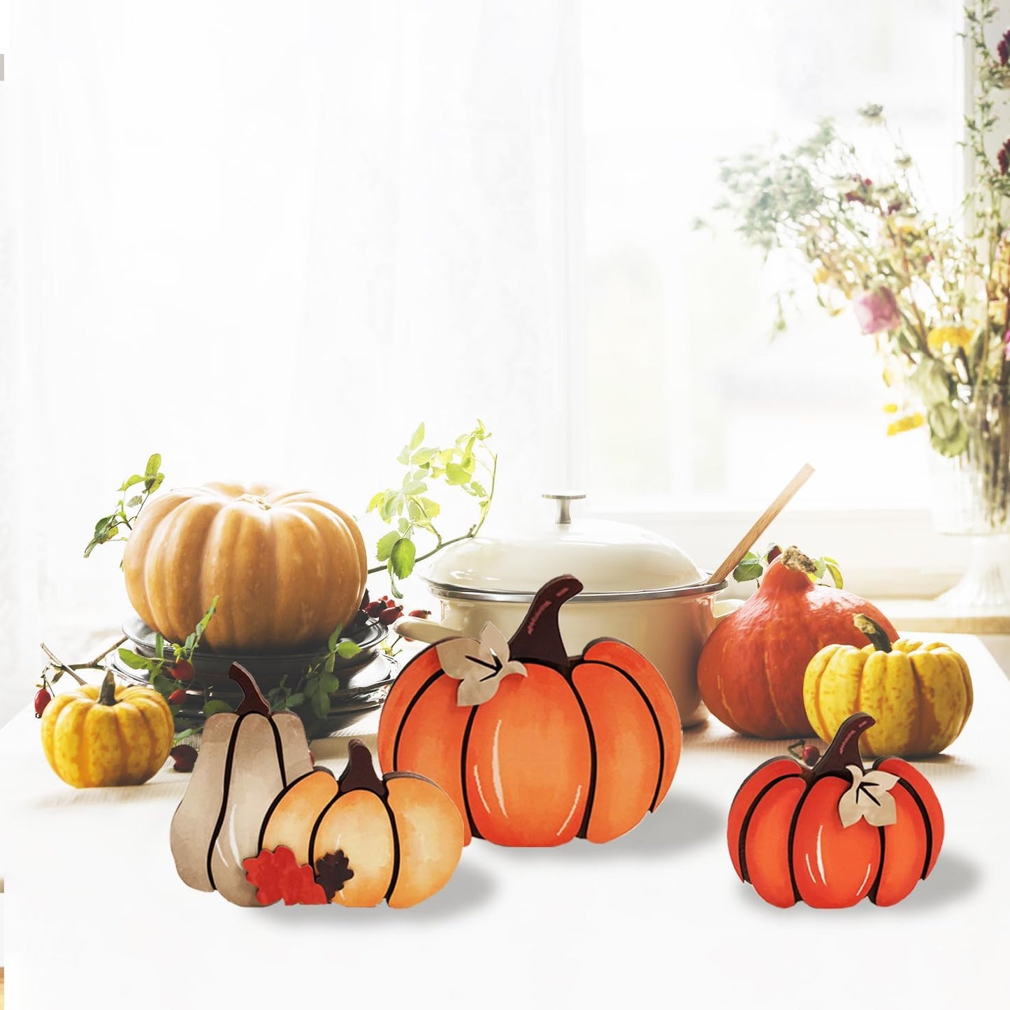 3PCS Wooden Pumpkin Fall Decor- Double Side Fall Pumpkin Decorations for Home Thanksgiving Table Centerpieces for Home, Office, Mantel and Shelf Autumn Decorations (D3)