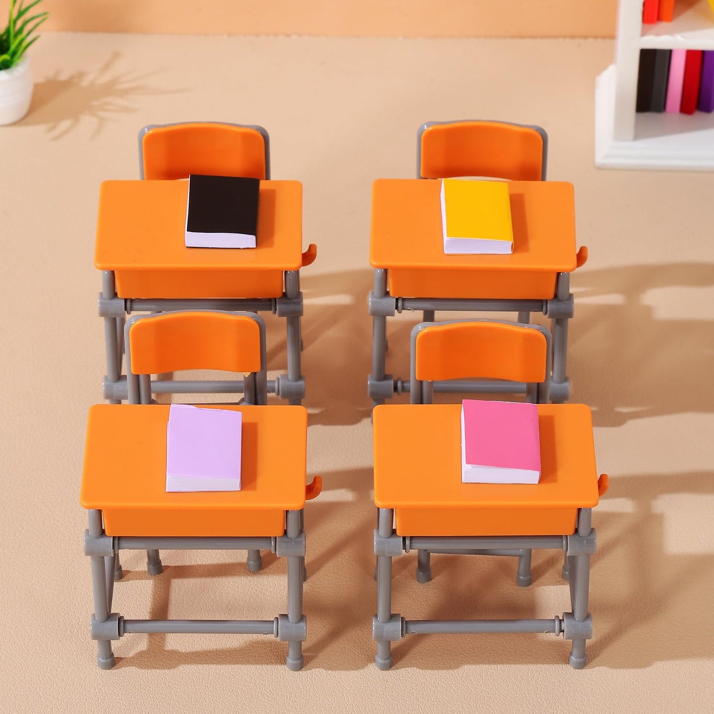 Toddmomy Miniature Plastic Classroom Desk and Chair 4-Set, Realistic Dollhouse School Furniture Accessories for Diorama Decor