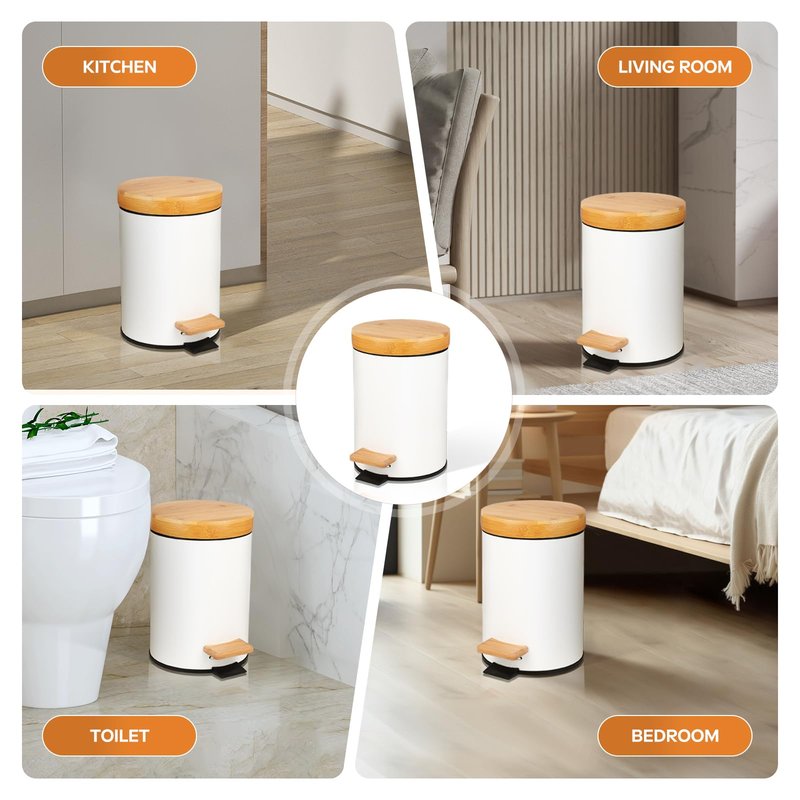 ODJSY Small Bathroom Trash Can with Natural Bamboo Lid Soft Close,3 Liter / 0.8 GallonStainless Steel Garbage Can with Removable Inner Bucket andStep Pedal(White)