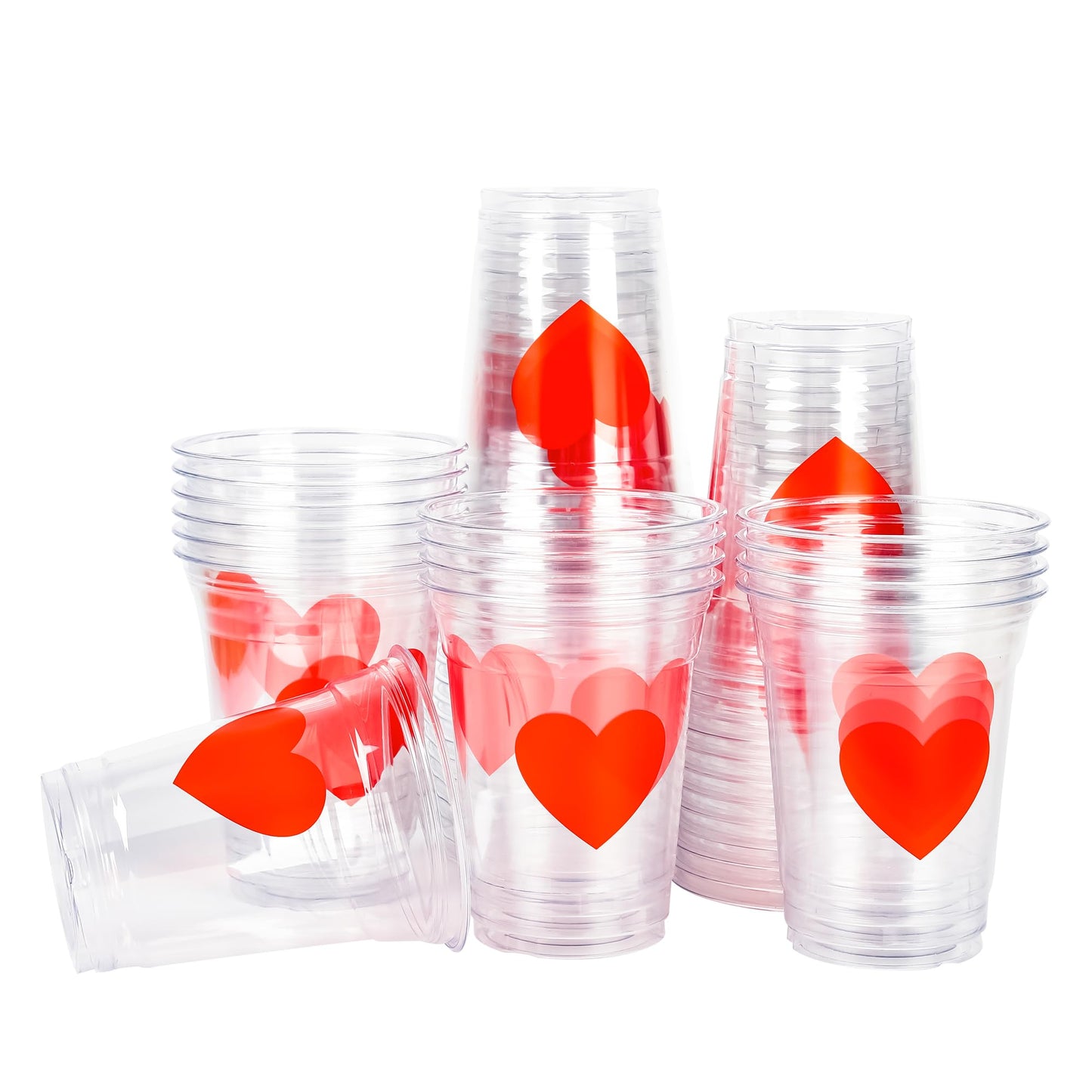 AimFun 50Pcs Valentine's Day Plastic Cups Red Heart Party Cups 12oz Clear Heart Disposable Drinking Cups for Valentines Wedding Galentine's Day Anniversary Party Supplies