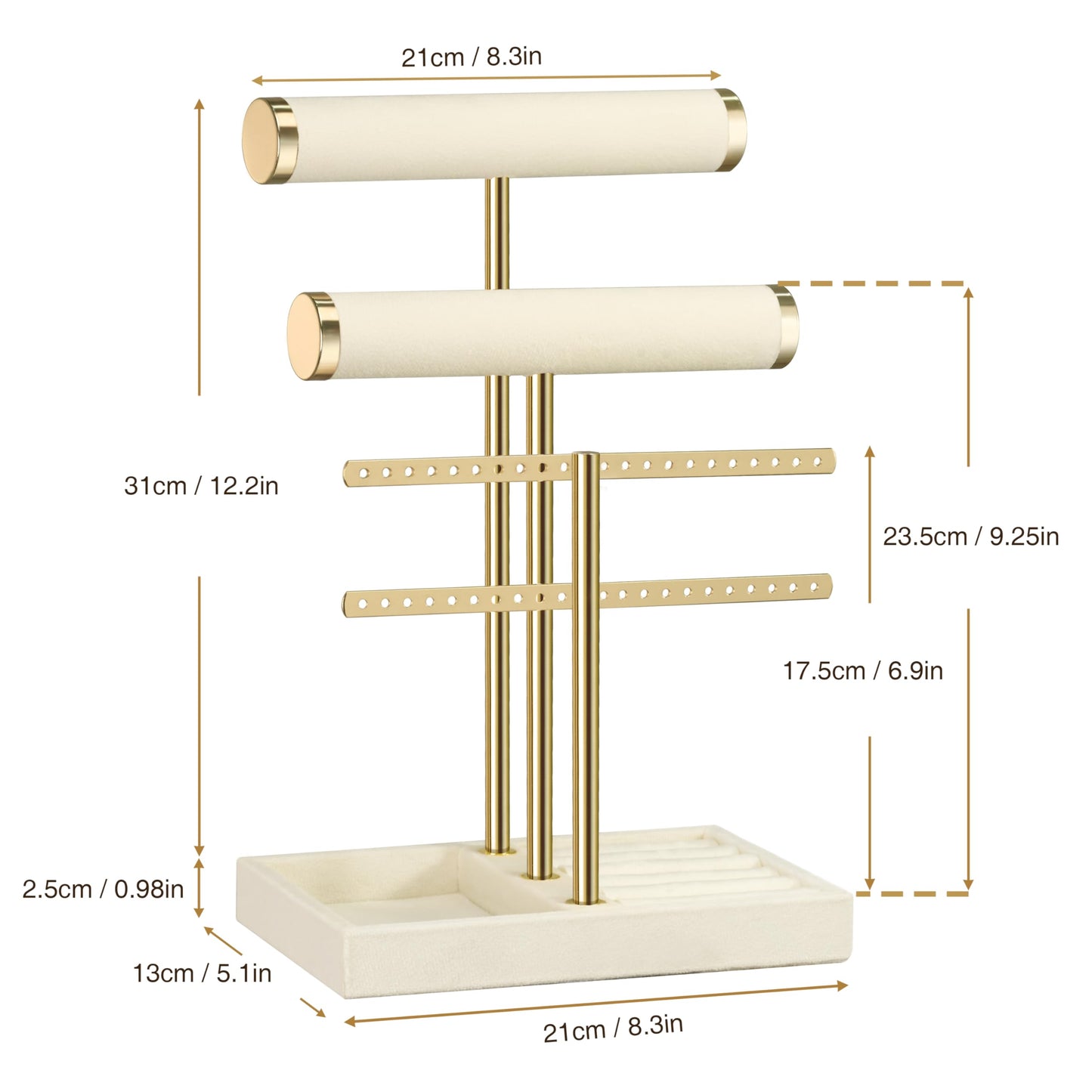 bussdis 3 Tier Bracelet Holder Display - Detachable T Bar Beige Velvet Bracelet Holder, Jewelry Holder Organizer for Bracelet, Necklace, Earrings, Rings