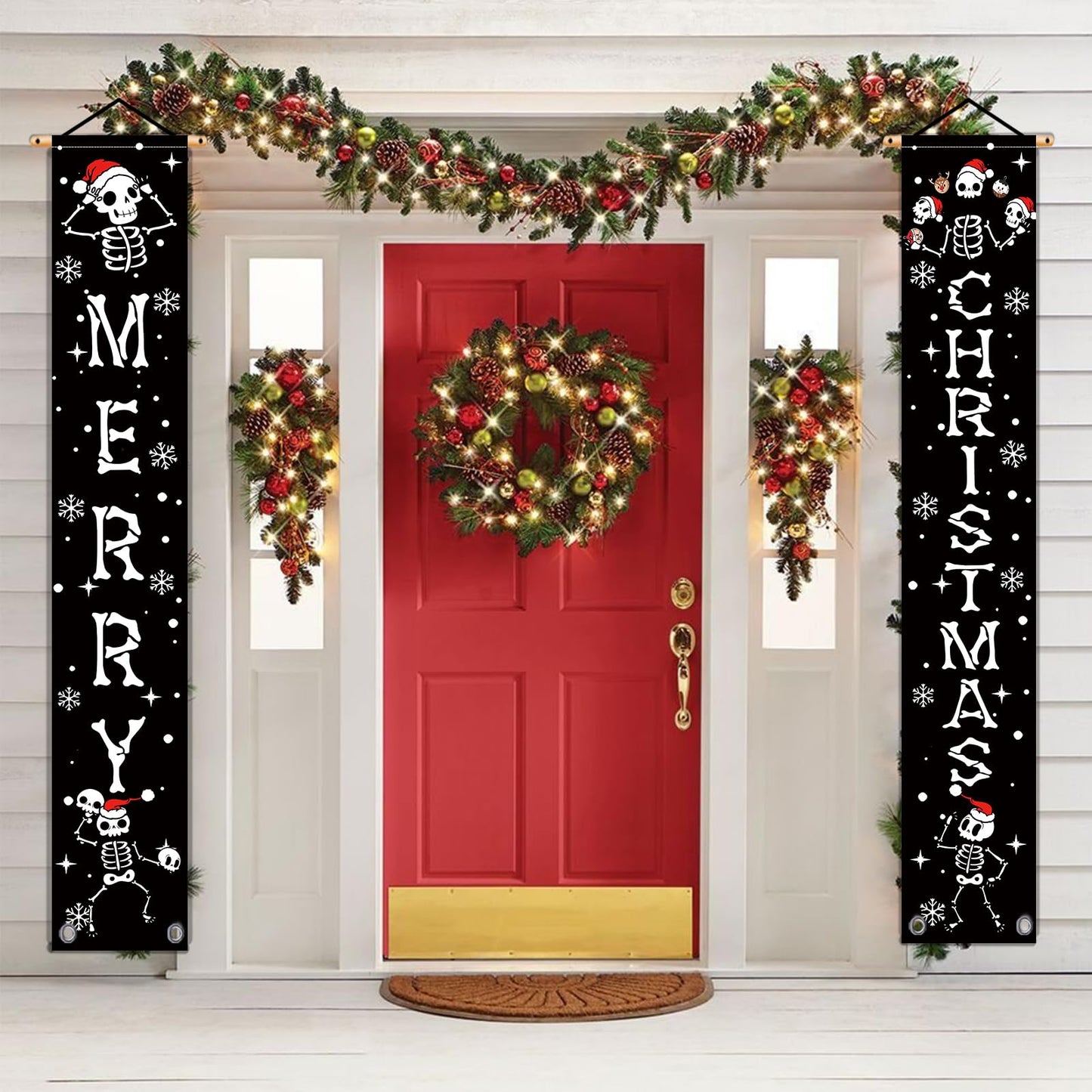 Christmas Door Banner Funny Skeleton Hanging Sign Spooky Vibes Front Door Decor Yard Wall Indoor Outdoor Party Decorations 12x71 Inch