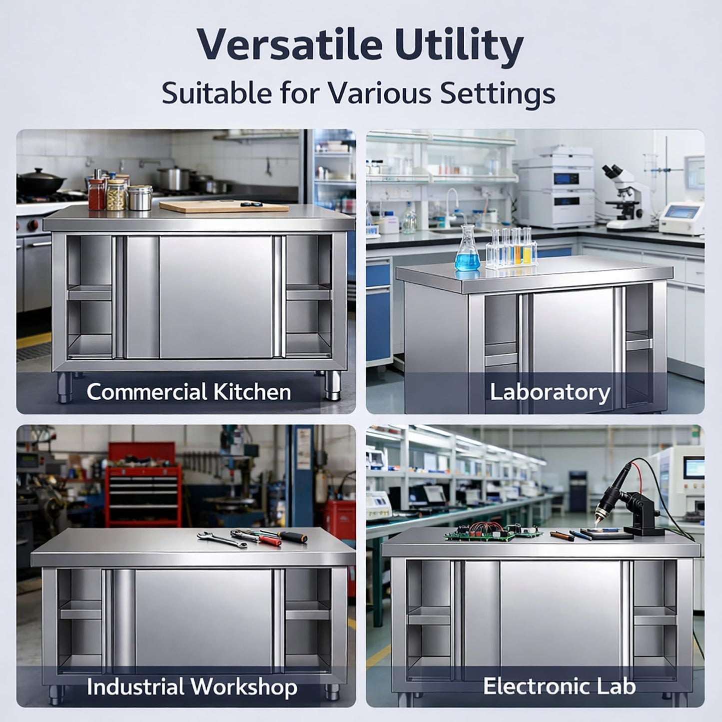 Stainless Steel Commercial Worktable, Heavy Duty Workbench w/Cabinet, Kitchen Prep Table w/Sliding Doors, Kitchen Prep Station for Restaurant, Food Service(100x60x80cm/39.3x23.6x31.4in)