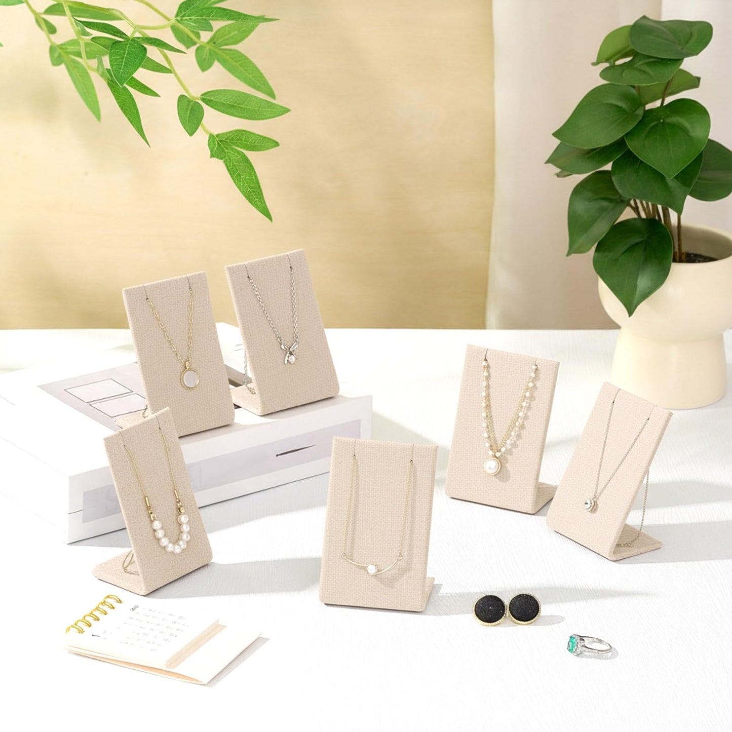 RattanView 12 Pieces Linen Earring Display Stand Necklace Pendant Jewelry Stand Showcase Organizer Display Holder for Earring Pendant Accessory Rack(Linen Color,Straight Style)