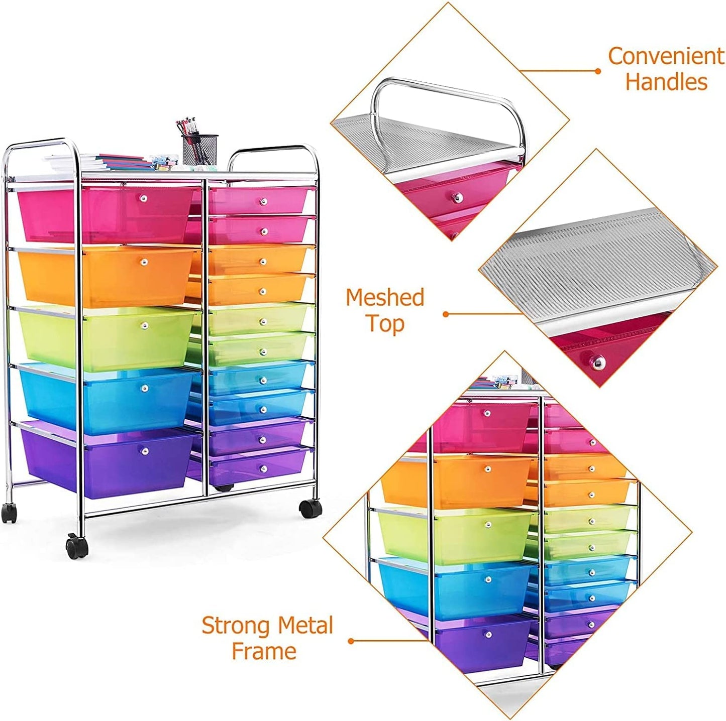 MEDIMALL 15 Drawers Rolling Storage Cart, Multipurpose Craft Storage Cart with Wheels, Mobile Tools Scrapbook Paper Organizer Cart for School Home Office Use (Rainbow)