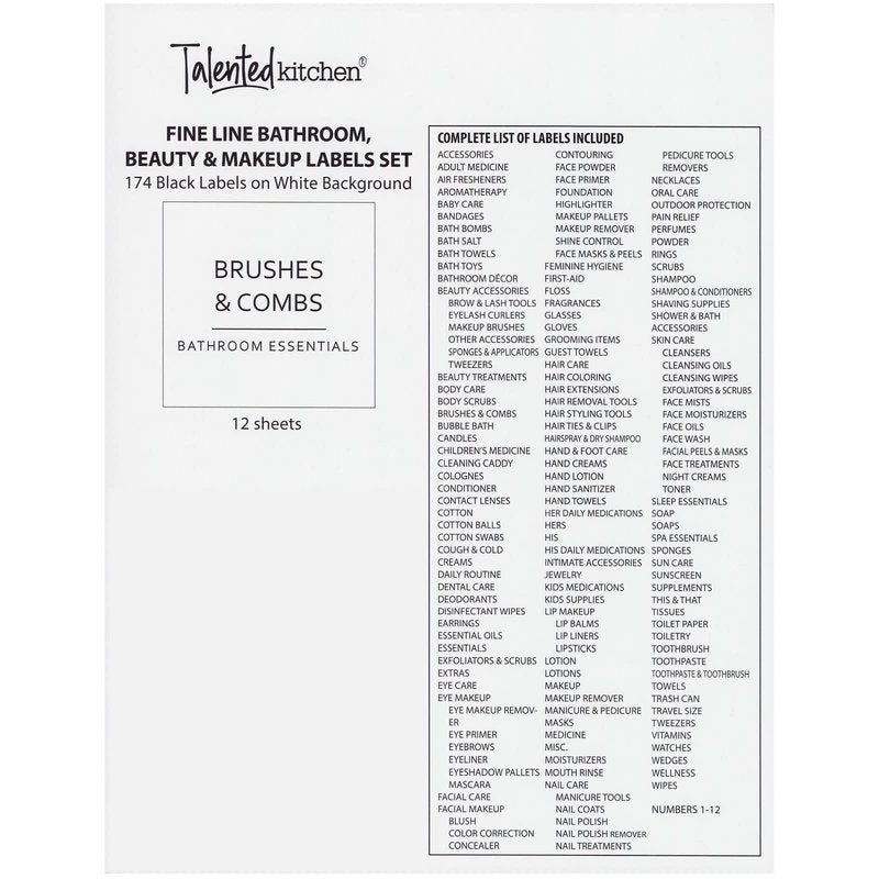 Talented Kitchen Minimalist Bathroom Labels for Organizing - 174 Labels, 2.5" x 2.5" & 2.5" x 0.75", Black on White - Stickers for Jars & Bottles - Water-Resistant for Medicine Cabinet