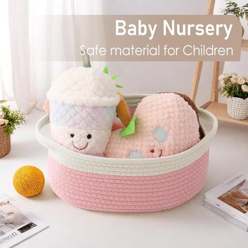 JMvicyroam Woven Basket - Small Rope Storage Bin with Handles & Ribbon Bag | White & Pink, 2-Pack for Organizing Shelves and Closets