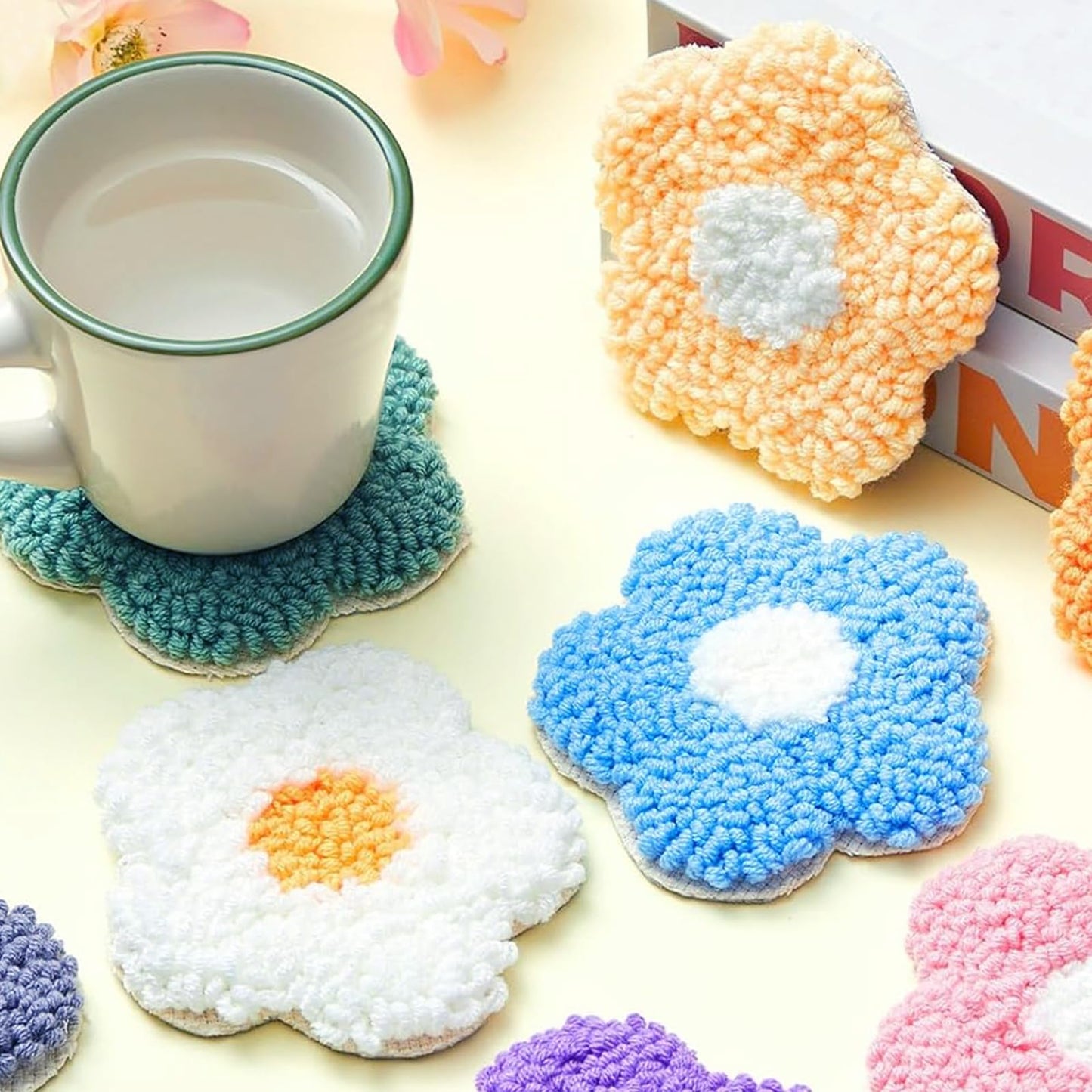 Allazone 8 PCS Punch Needle Coasters Kit, Flower Embroidery Punch Needle Kits, Punch Embroidery Kit with Felt Yarns Hoop Tools for DIY Crafts