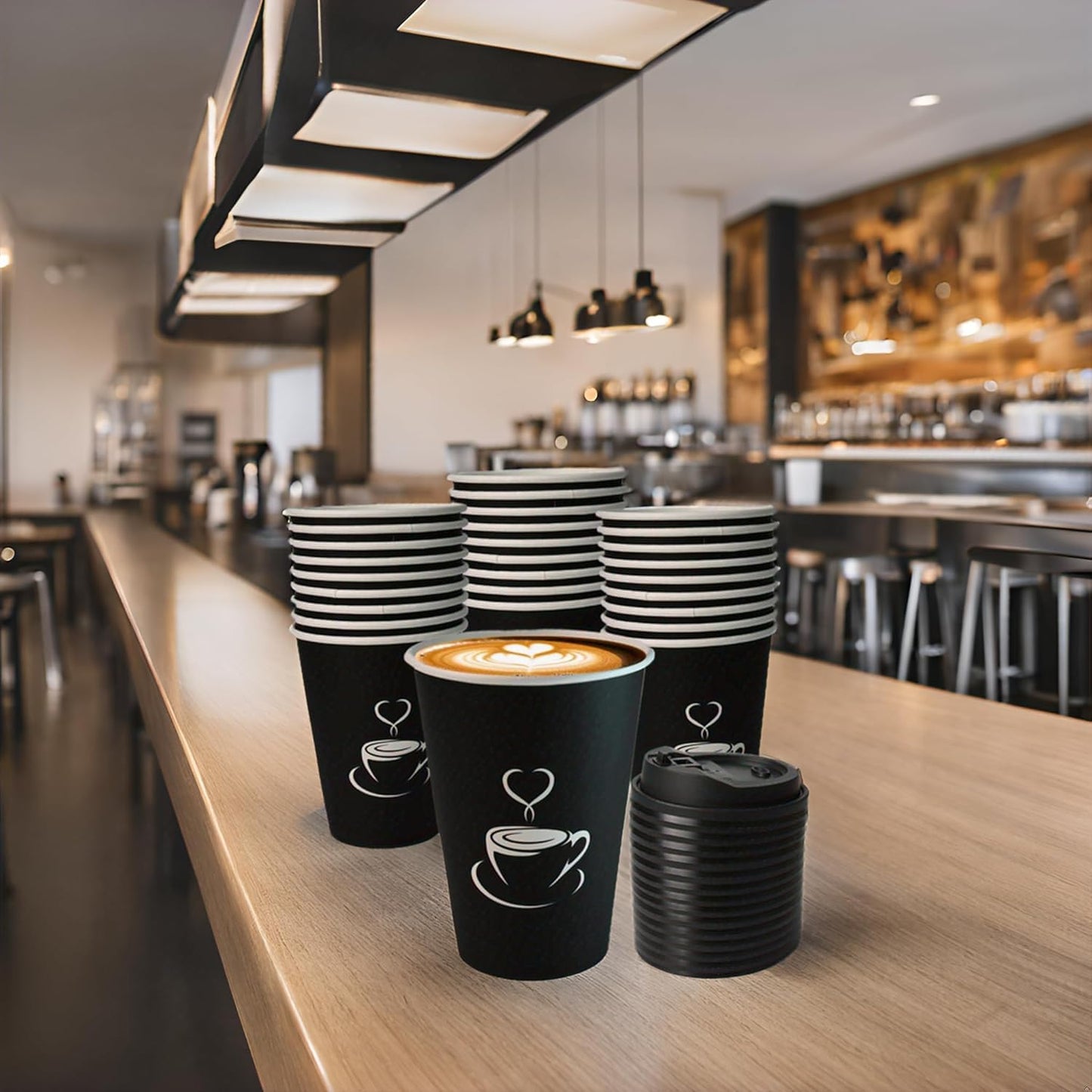 TreeMVI-50 Pack 12oz Coffee Cups with Lids: Disposable Black Coffee Cup Sturdy to Go Leak-Proof Paper Containers Set for Hot and Cold Beverage, Home, Office, Party