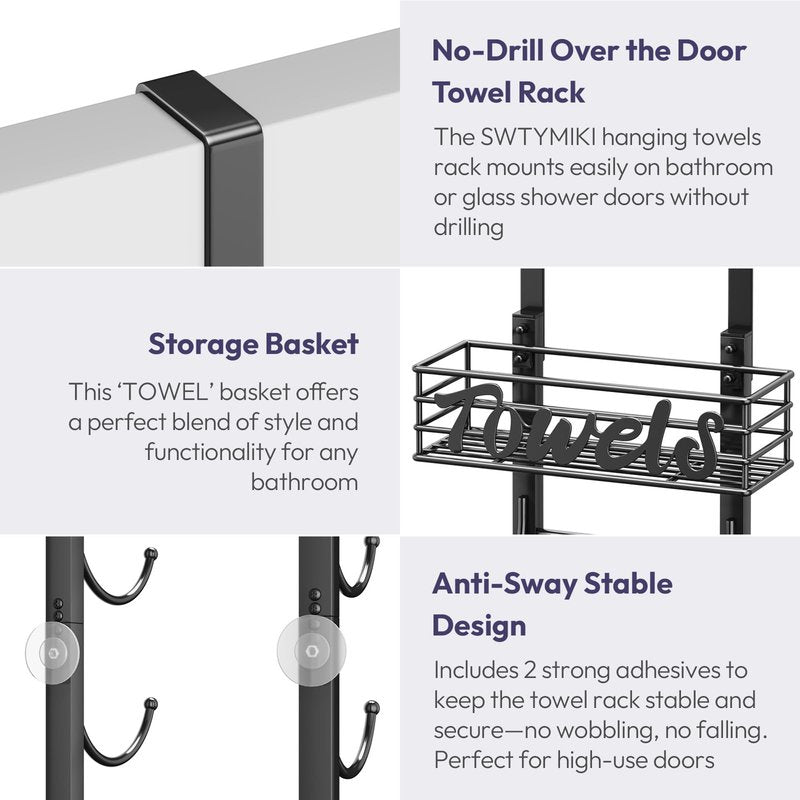 SWTYMIKI Hanging Towel Racks for Bathroom - 9 Tier Over The Door & Wall Mounted Bath Rolled Towel Storage Organizer Holder for Small Bathroom, RV, Camper, Black (Patented)