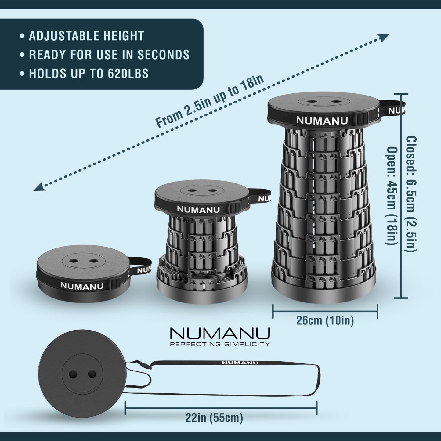 NUMANU 2-Pack 2025 Upgraded Collapsible Stool & Dual Carry Bag + Clips, Max 620lb Portable Folding Stool, Height Adjustable Retractable Telescopic Seat, Travel Chair, Foldable Camping Seat or Footrest