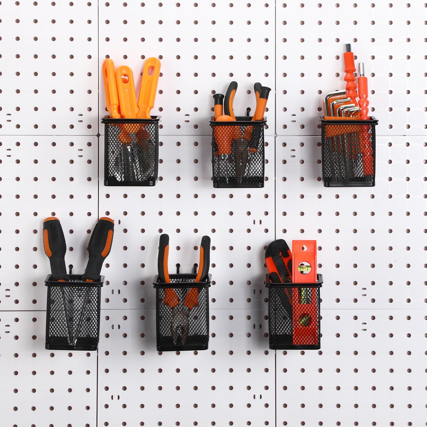 Colingmill 6 Sets Pegboard Cups with Hooks Pegboard Pencil Holder Bin Organizer Black Square Peg Board Accessories Metal Pencil Holder Cup for Home Office Workbench Craft Room Workshop Garage Tool