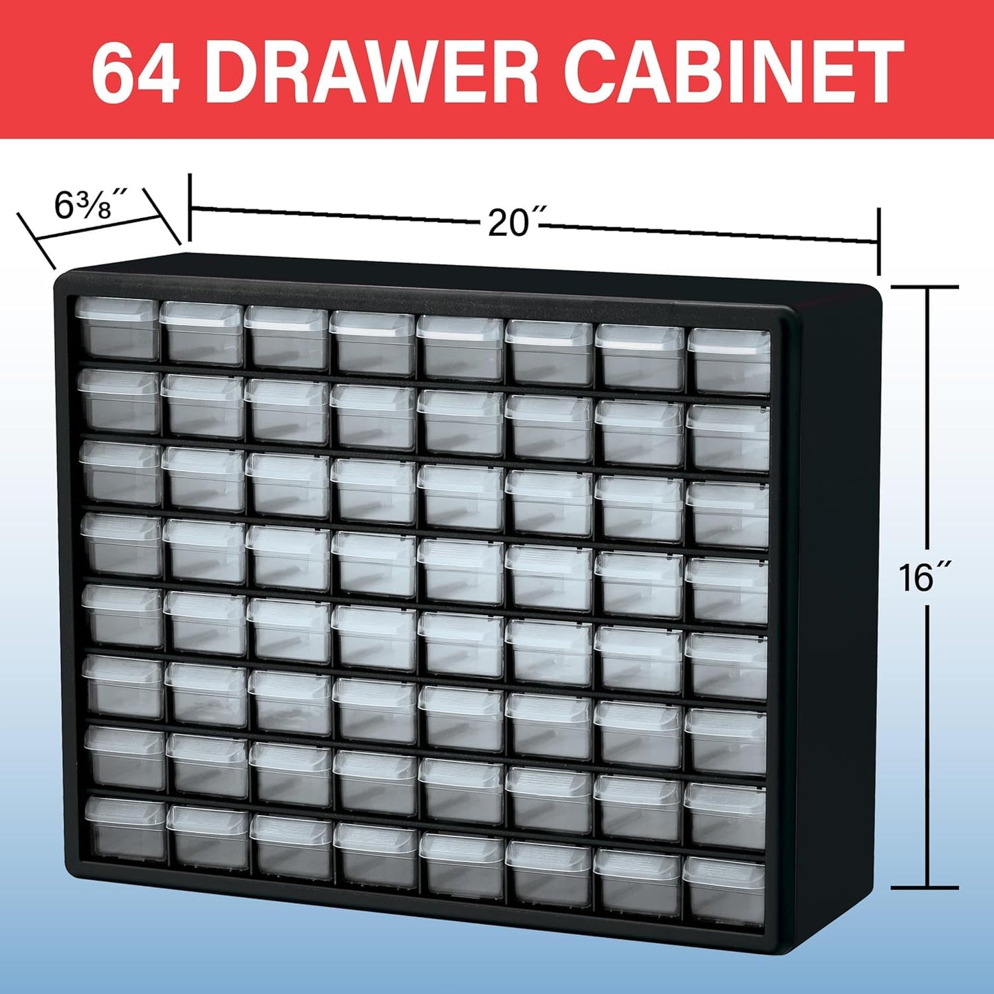 Akro-Mils 64-Drawer Plastic Drawer Storage Cabinet for Garage Organization, Bead Organizer, Building Bricks Storage, Teacher Toolbox, Makeup Organizer, 20" W x 6" D x 16" H, 10764 Black