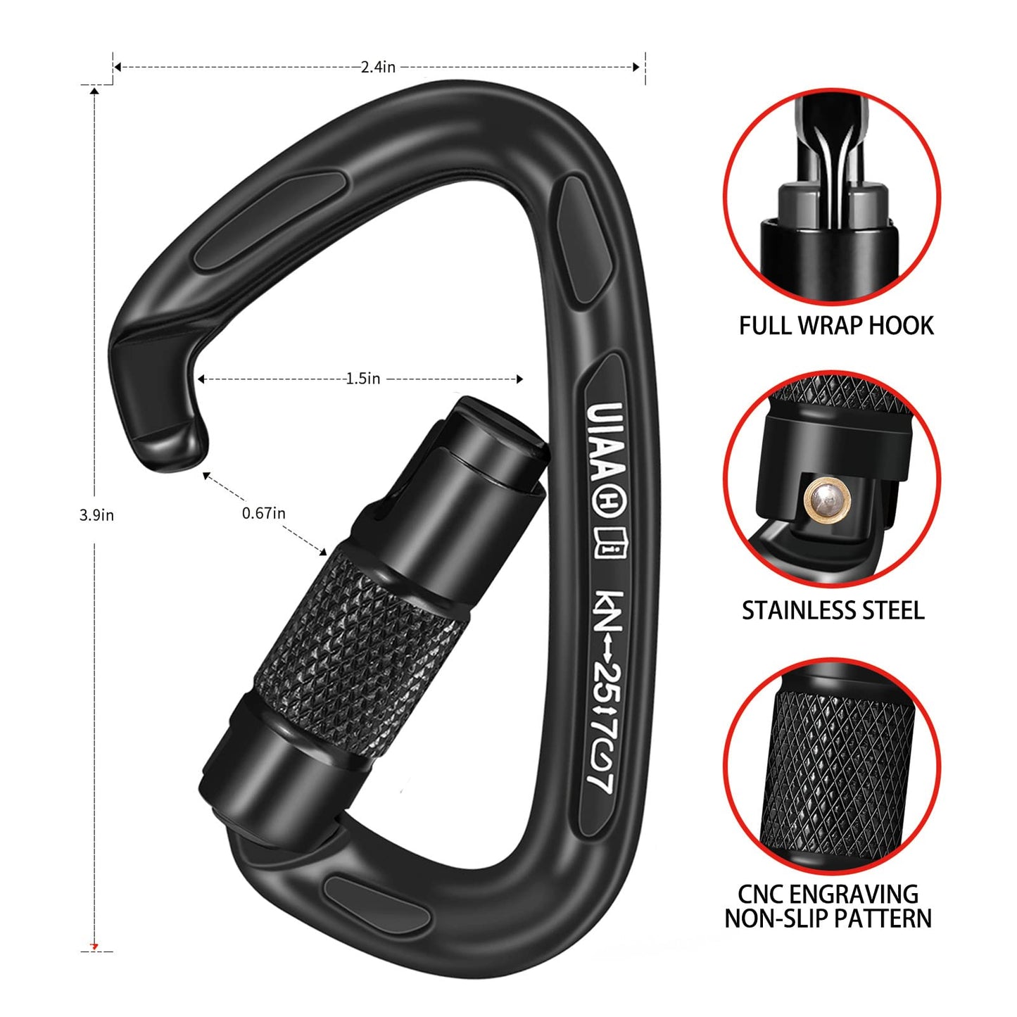BEIFENG 25KN Auto Locking Carabiner - UIAA Certified Heavy Duty Climbing Carabiners for Rock Climbing, Camping, Rappelling, Hunting, Rescue Equipment - Professional Carabiner Clips (4-Pack, Black)