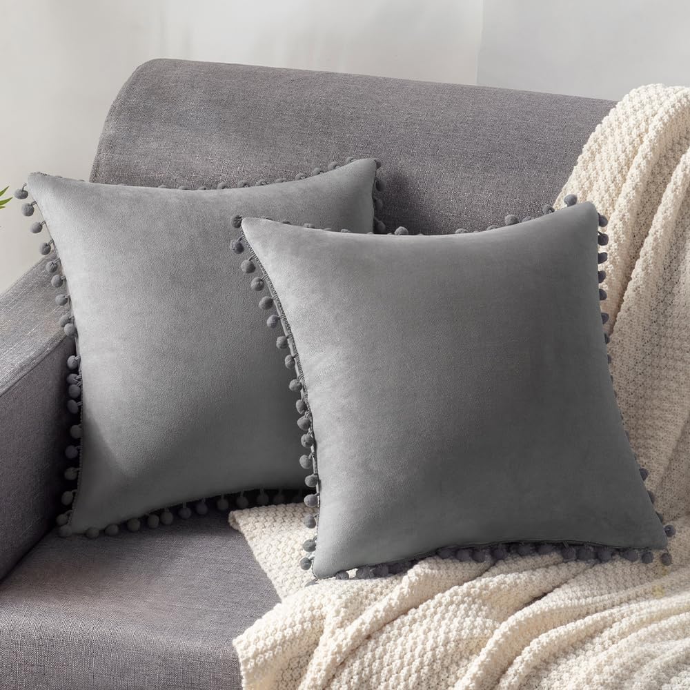 DEZENE Decorative Pillow Cases, 24x24 Light-Grey, 2 Pack Cozy Soft Pom-poms Velvet Square Throw Pillow Covers